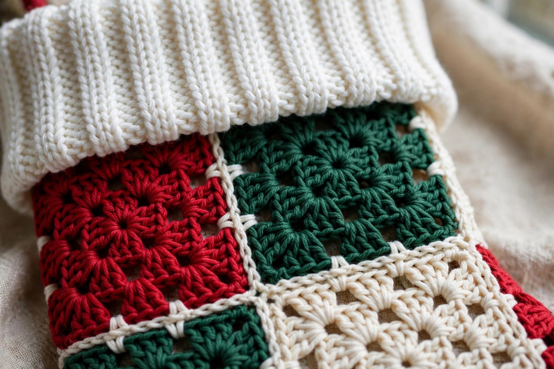 Close-up of red, green and cream granny squares joined with cream yarn, showing neat double crochet stitches and the white ribbed cuff