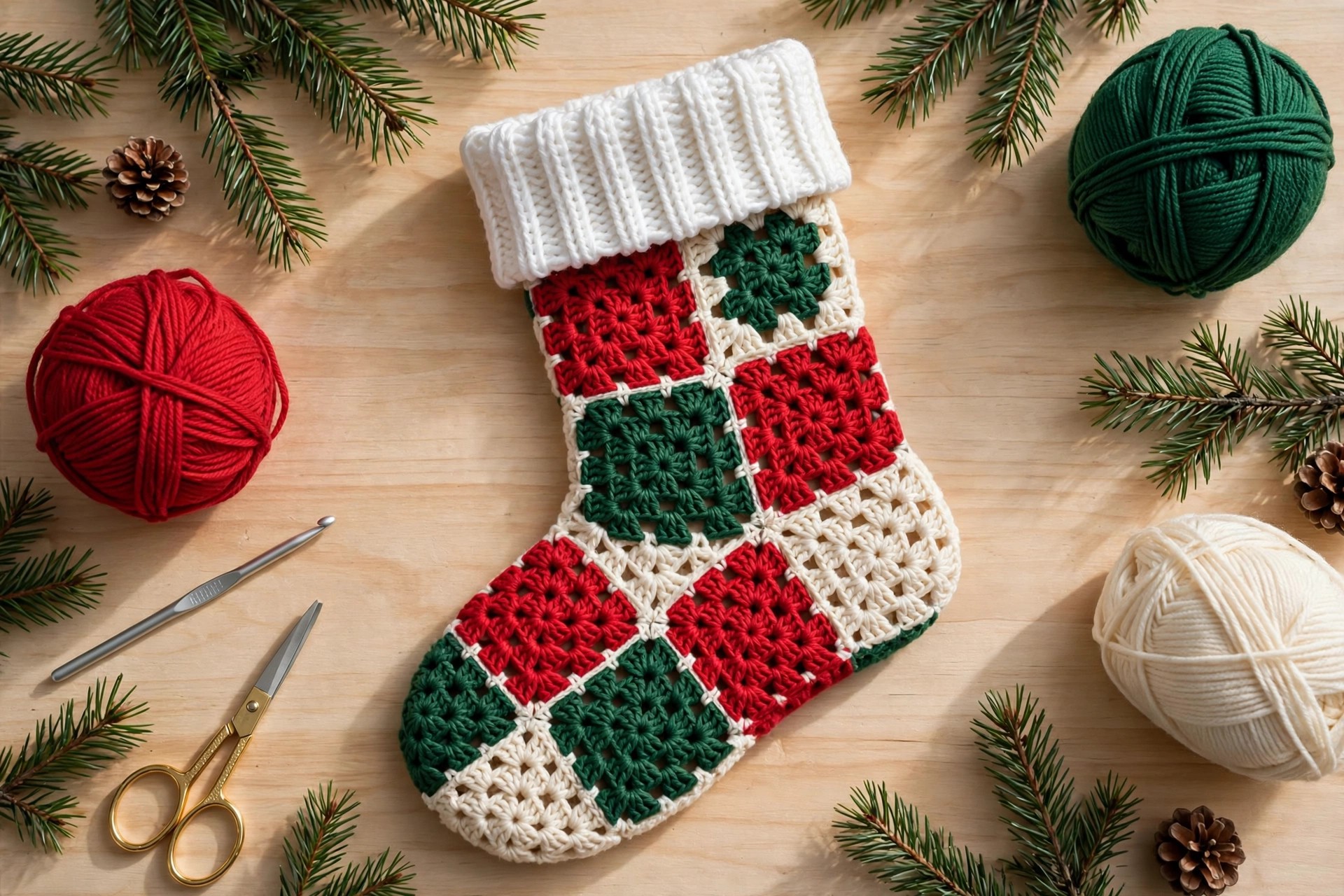 Flat lay of a finished red, green and cream granny square Christmas stocking with a white ribbed cuff, balls of red, green and cream yarn, a crochet hook and scissors on a wooden table