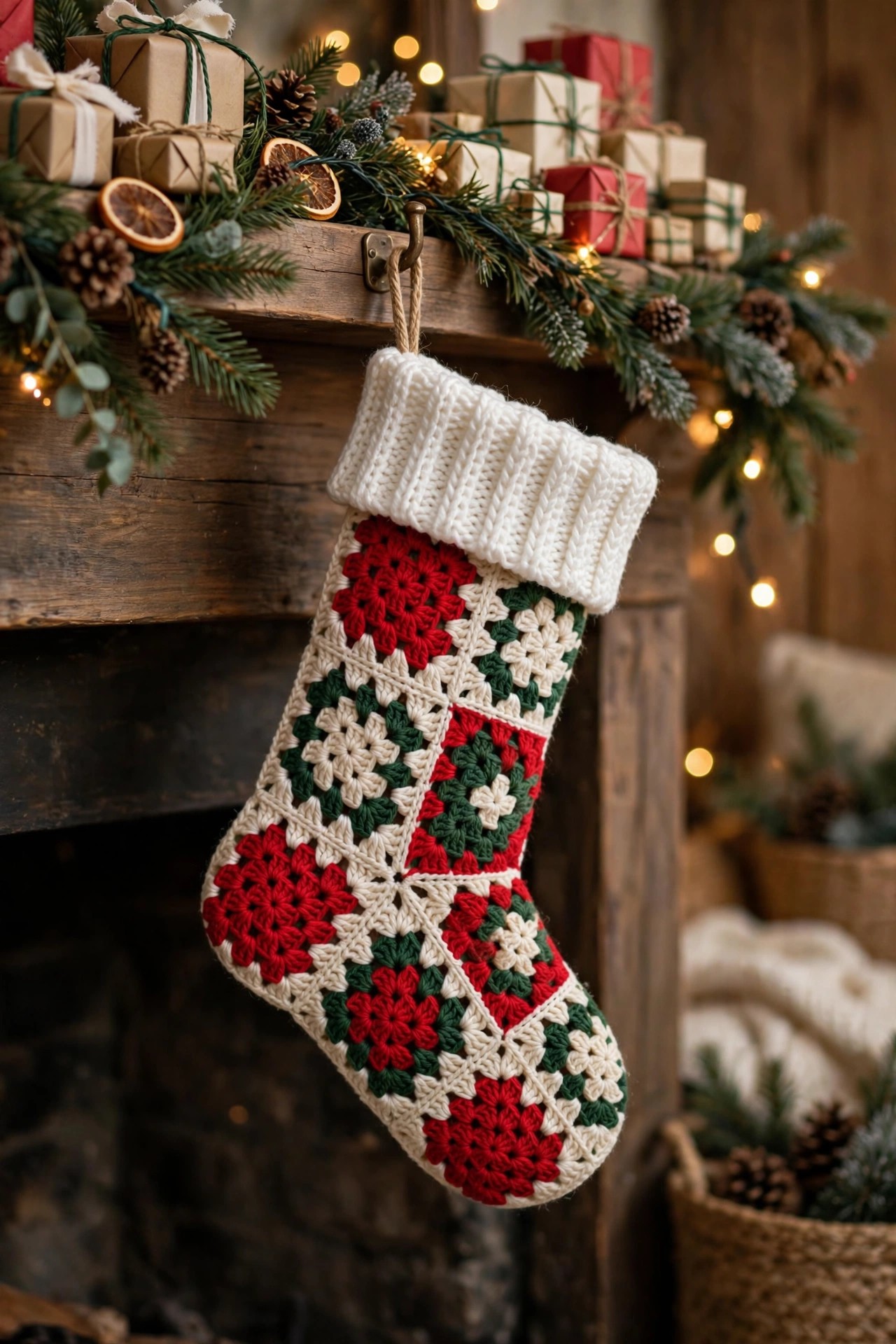 Handmade red, green and cream granny square Christmas stocking with a white ribbed cuff hanging from a wooden mantel with wrapped gifts and pine garland