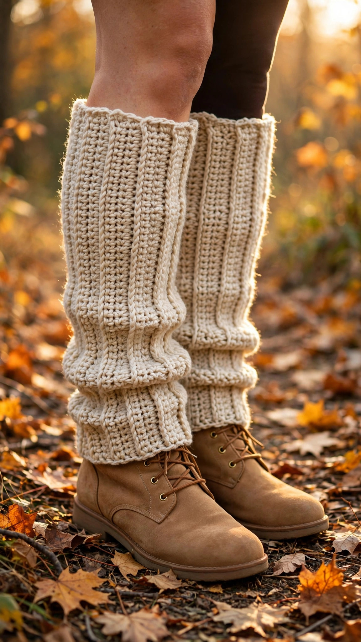 Free leg warmer crochet pattern — cream ribbed crochet leg warmers worn with tan ankle boots