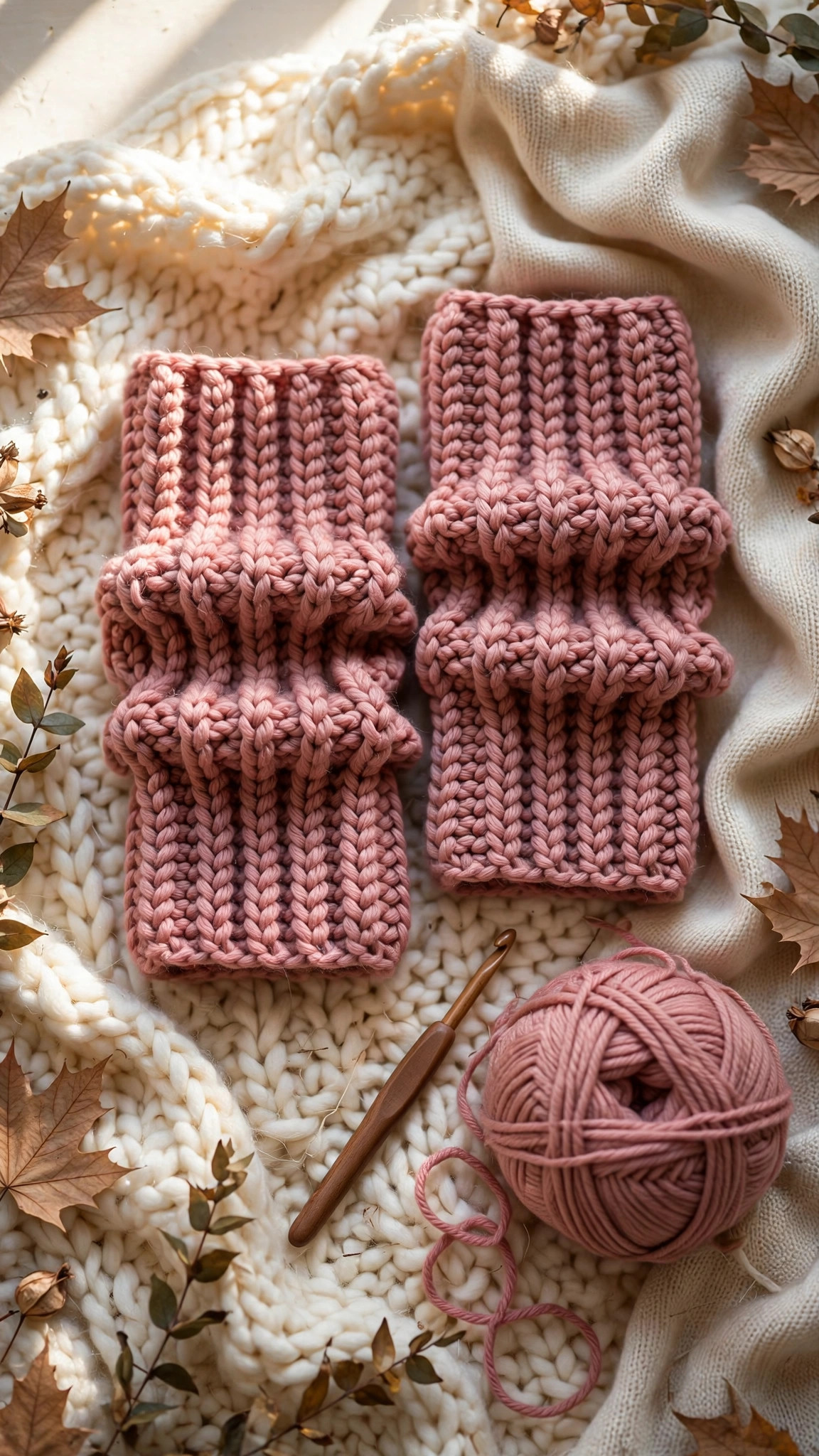 Dusty rose ribbed crochet leg warmers on a cream knit blanket with yarn and wooden crochet hook — free leg warmer crochet pattern