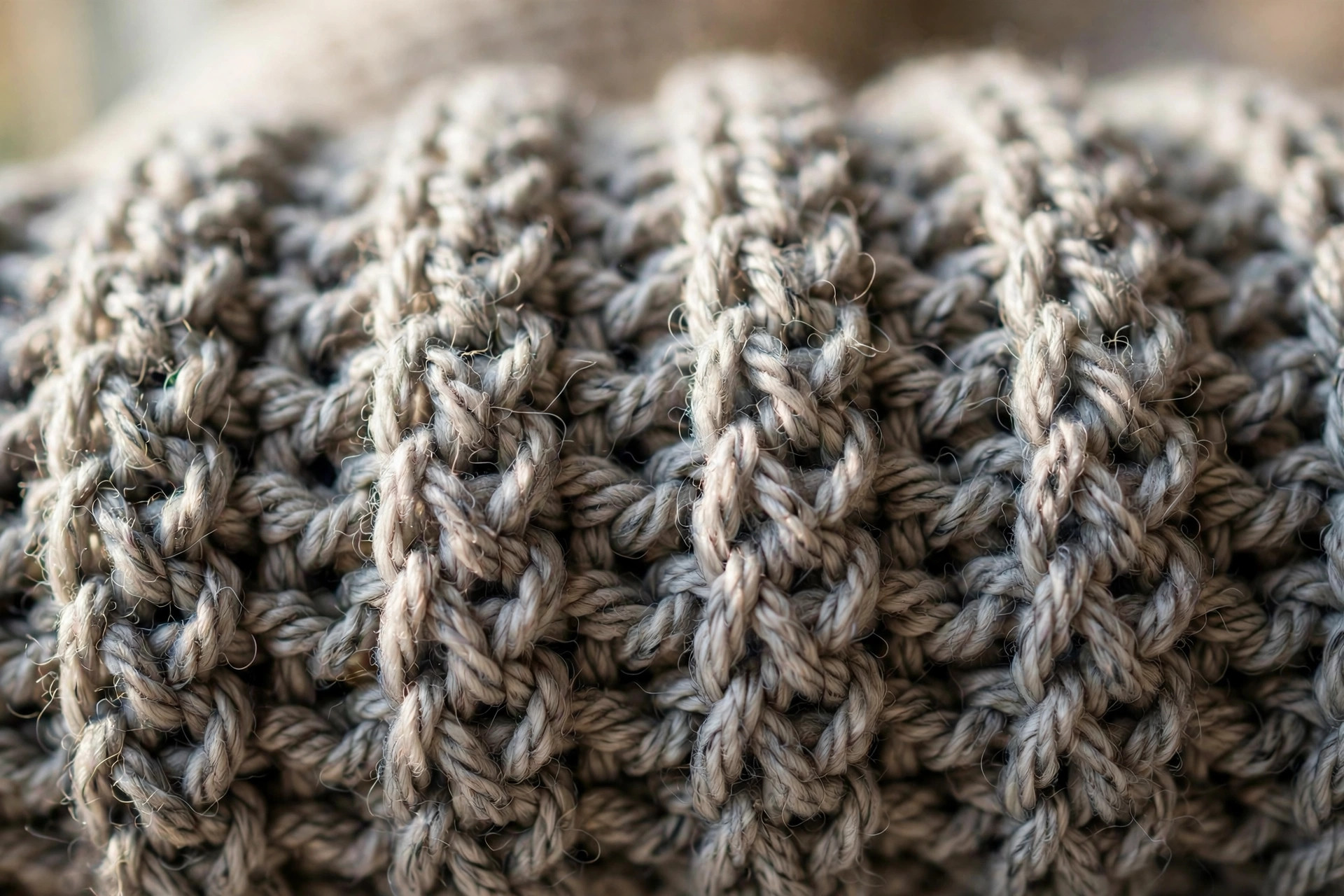 Close-up of front-post back-post crochet ribbing in heather grey yarn — free leg warmer crochet pattern texture detail