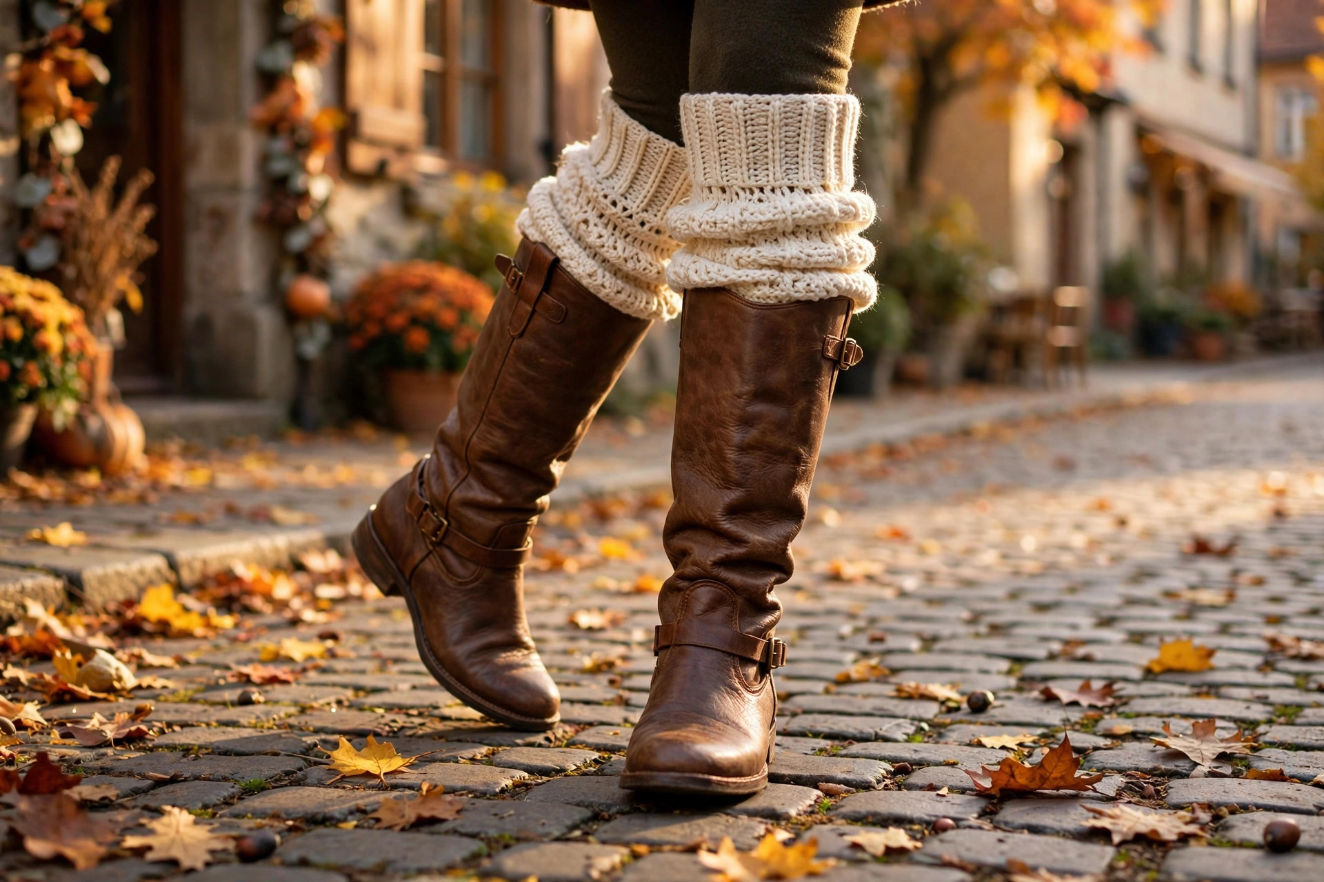 Woman wearing brown leather boots with cream ribbed crochet leg warmers scrunched over the tops on a cobblestone street