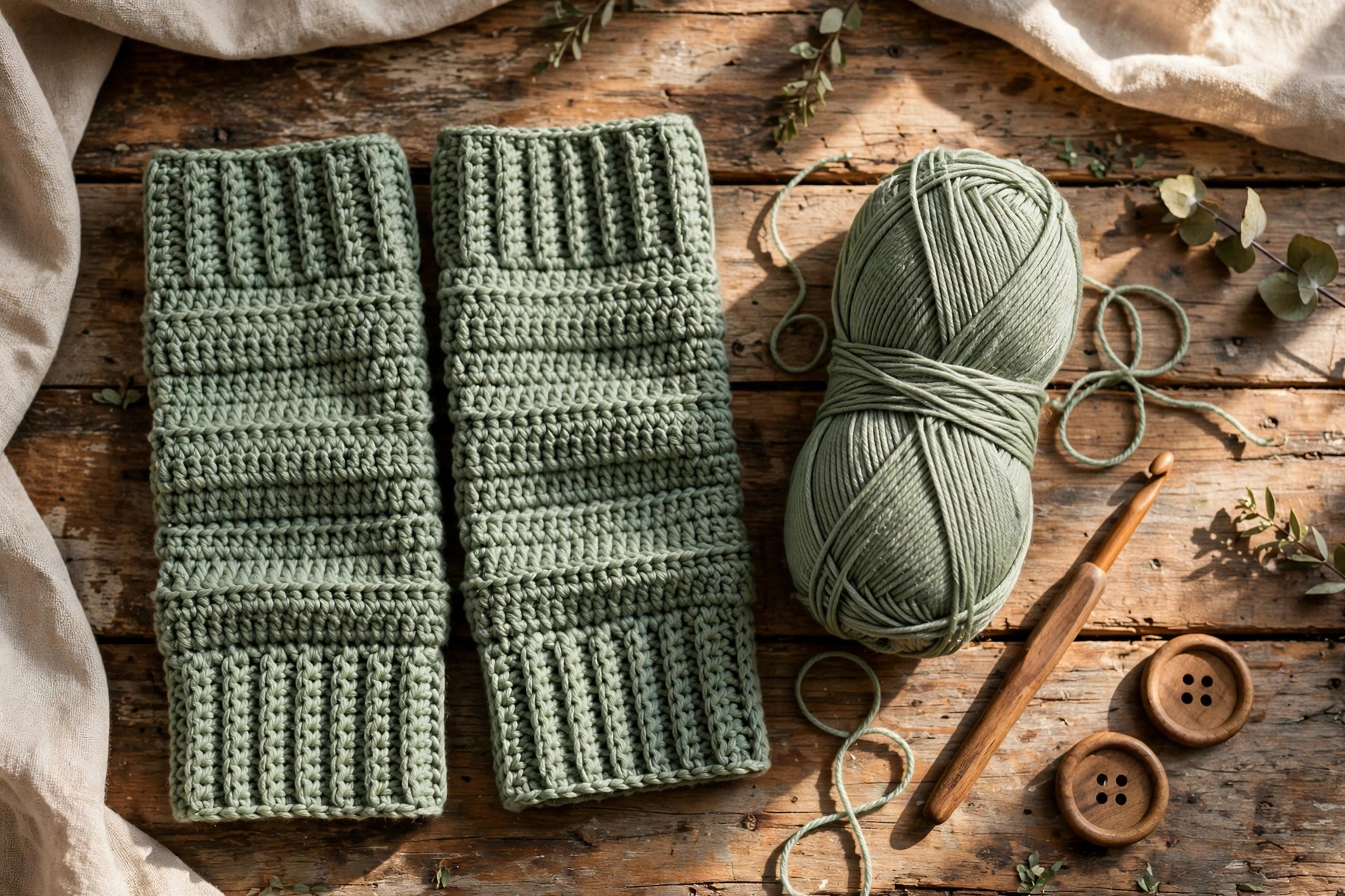 Flat lay of a finished pair of sage green ribbed crochet leg warmers with matching yarn, wooden crochet hook and buttons