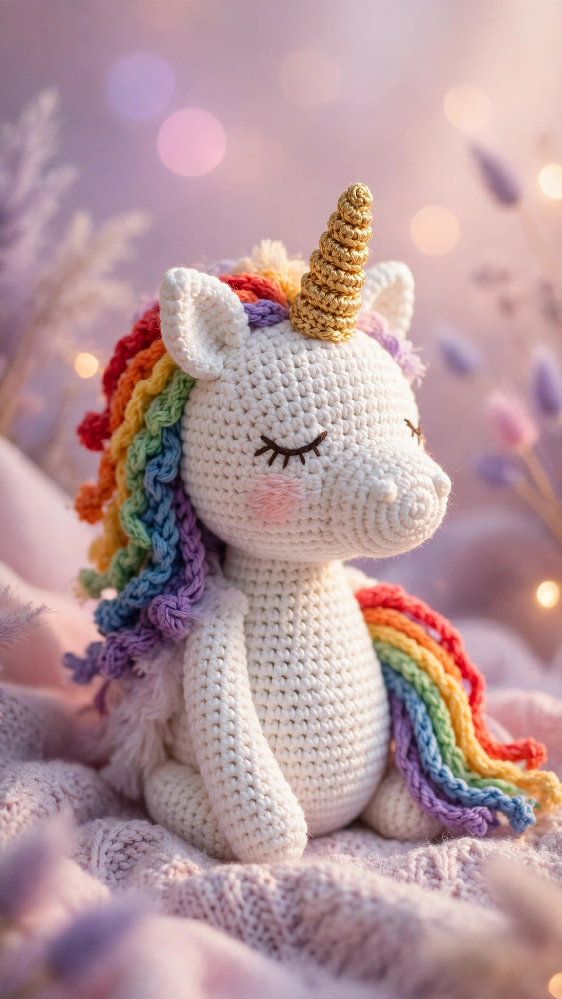 Free pattern for crochet unicorn, a handmade white crocheted unicorn with rainbow mane and gold spiral horn