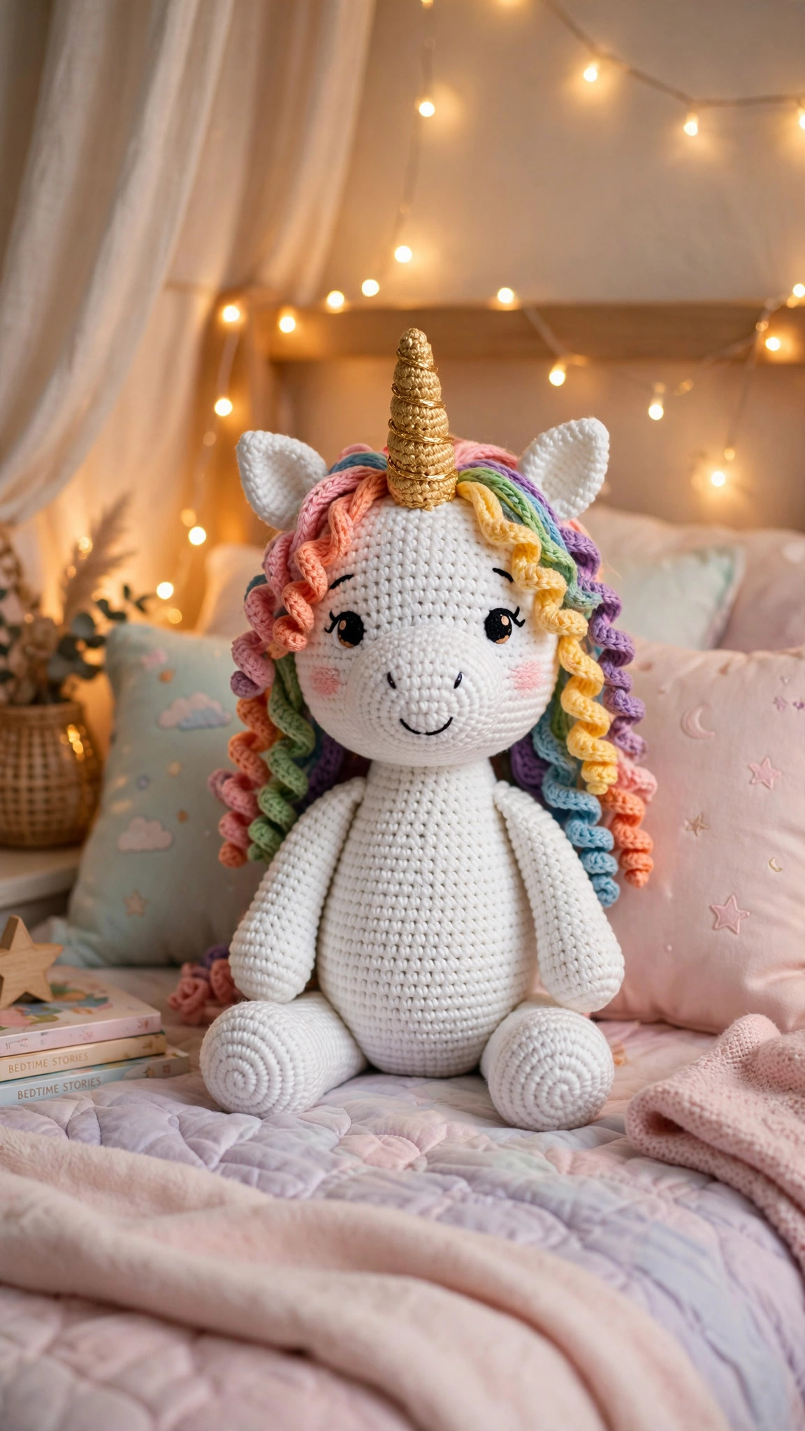 Handmade crocheted white unicorn amigurumi plush with rainbow yarn mane and gold spiral horn on a child's bed with warm fairy lights, free crochet unicorn pattern