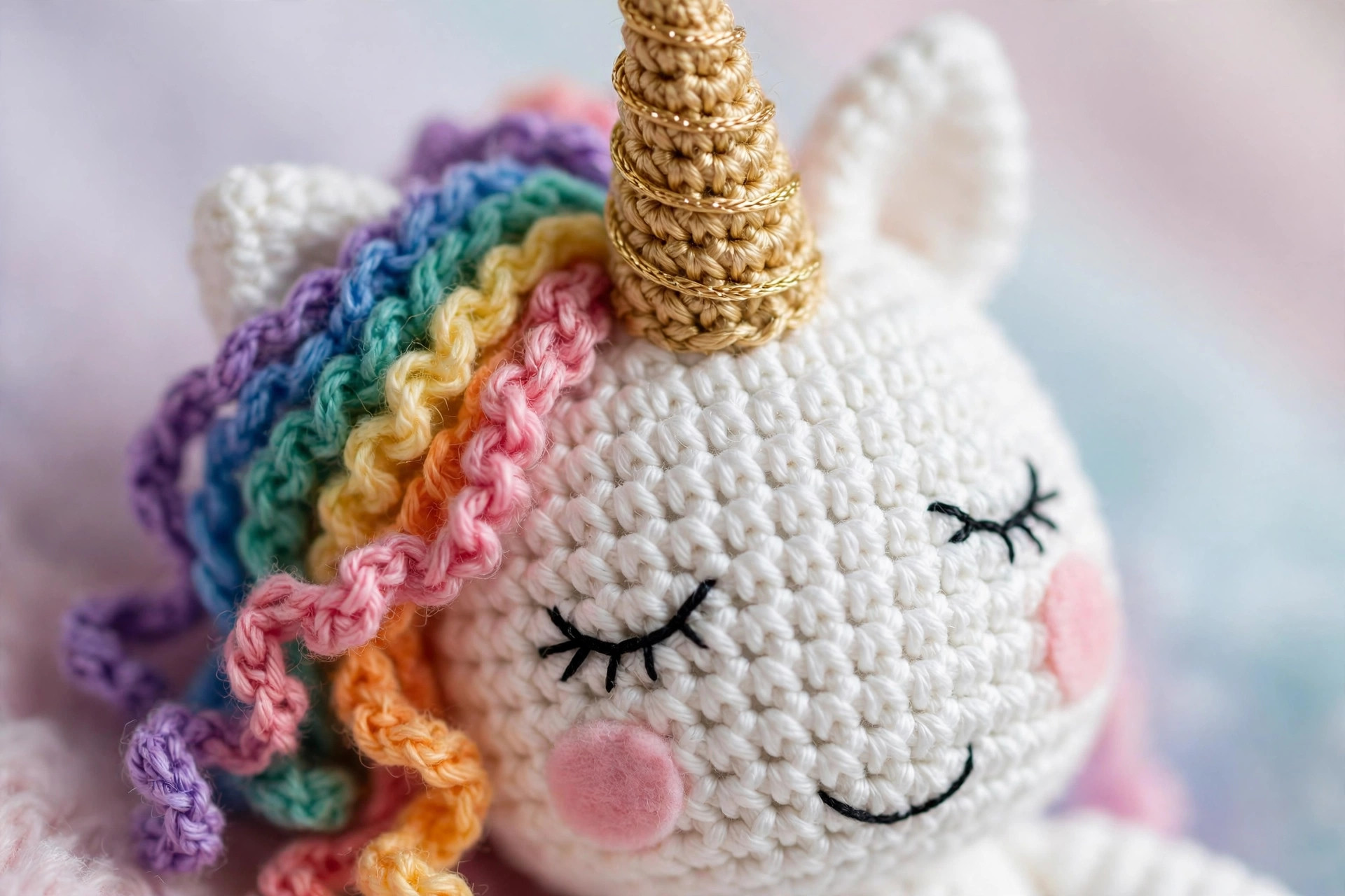Detail close-up of a handmade crocheted white unicorn showing the gold spiral horn, layered rainbow mane strands, and embroidered sleepy face, free crochet unicorn pattern