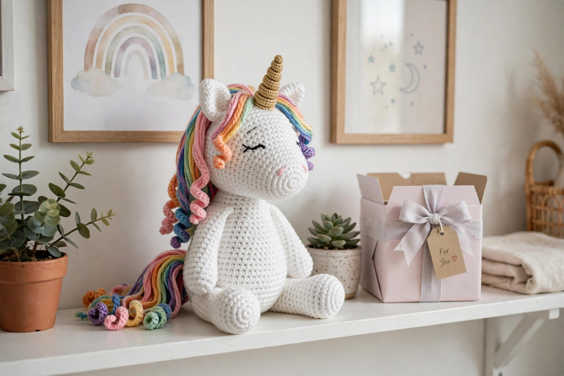 Finished white crocheted unicorn plush with rainbow mane on a nursery shelf beside a pastel gift box, free crochet unicorn pattern
