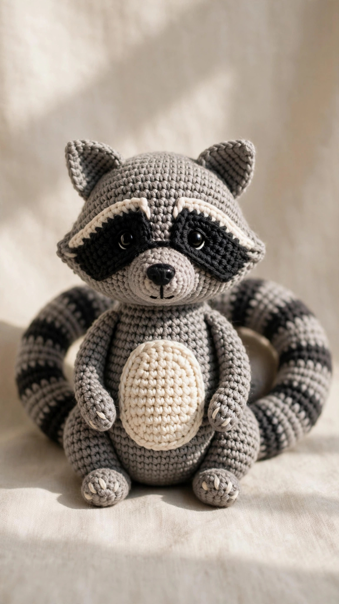 Free raccoon crochet pattern: handmade crocheted raccoon amigurumi in gray yarn with a black bandit mask and striped tail