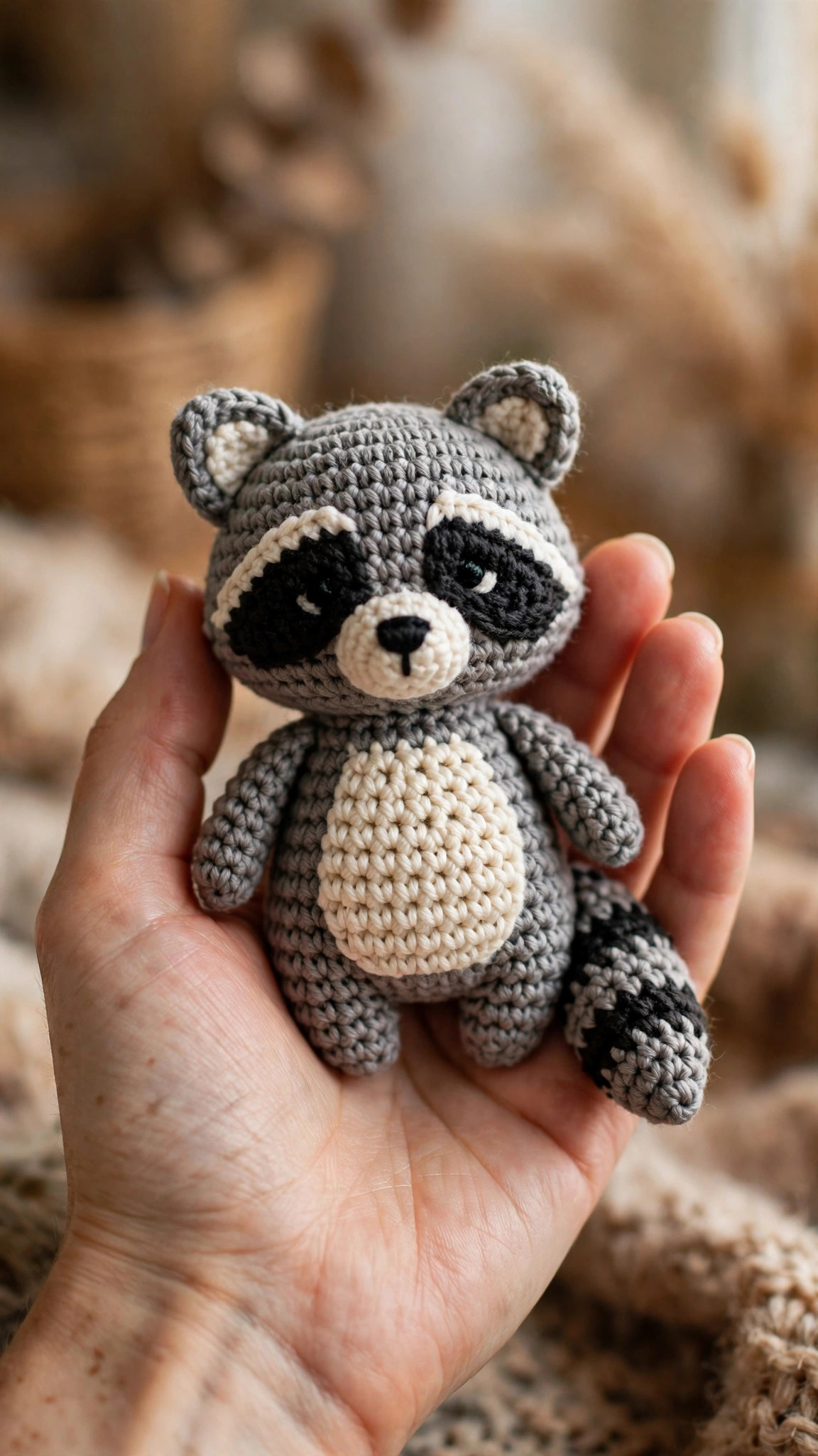 A handmade crocheted raccoon amigurumi held in a hand to show scale, with the black mask and striped tail clearly visible, free raccoon crochet pattern