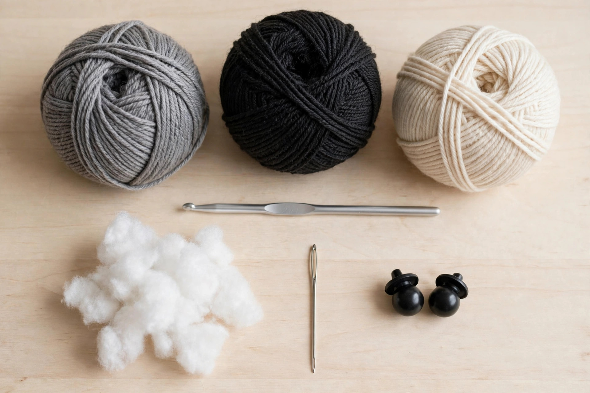 Flat lay of gray, charcoal and cream yarn balls with a crochet hook, white toy stuffing, tapestry needle and safety eyes for the free raccoon crochet pattern