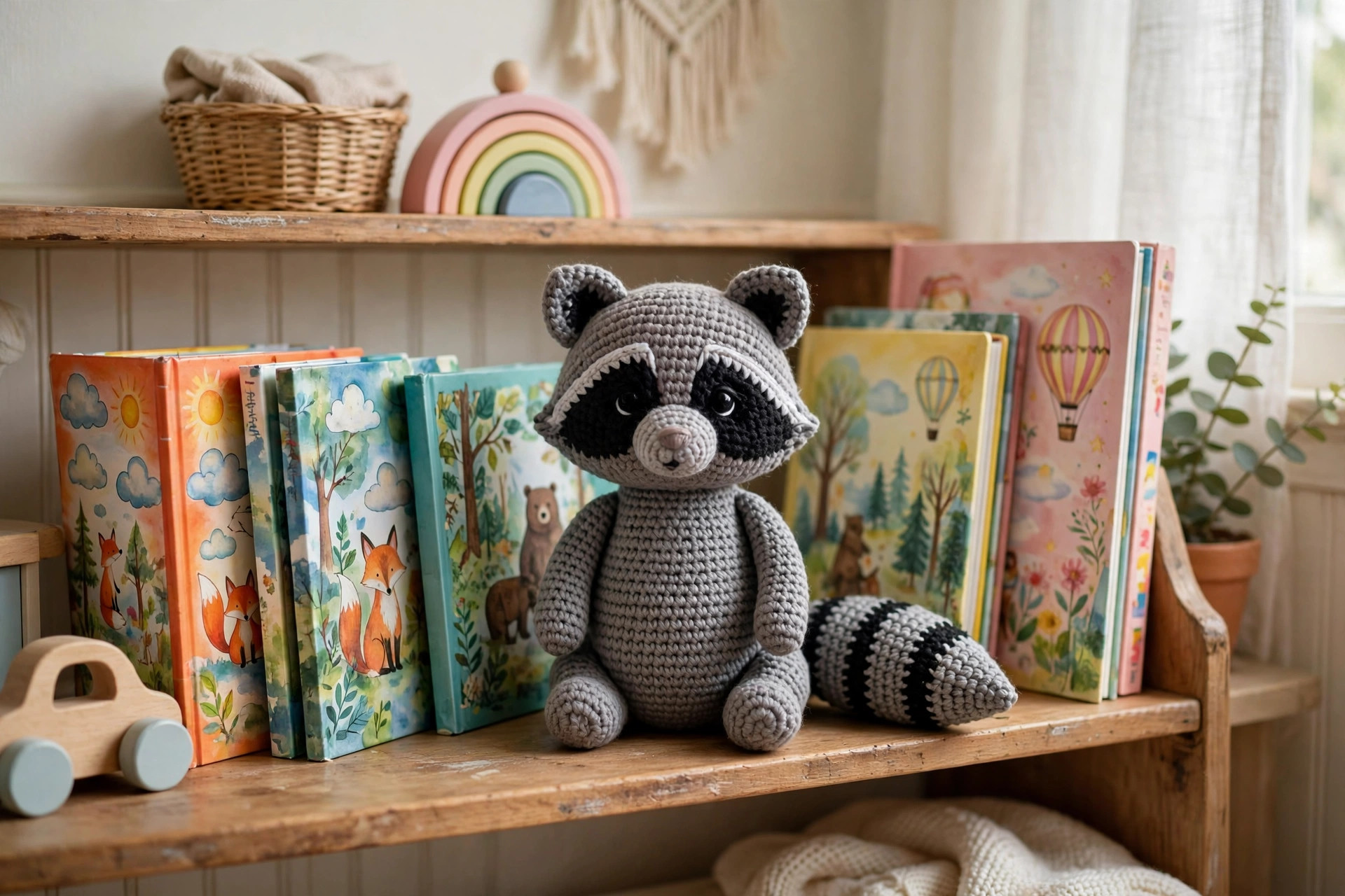 A finished handmade crocheted raccoon amigurumi sitting on a child's bookshelf next to picture books, free raccoon crochet pattern