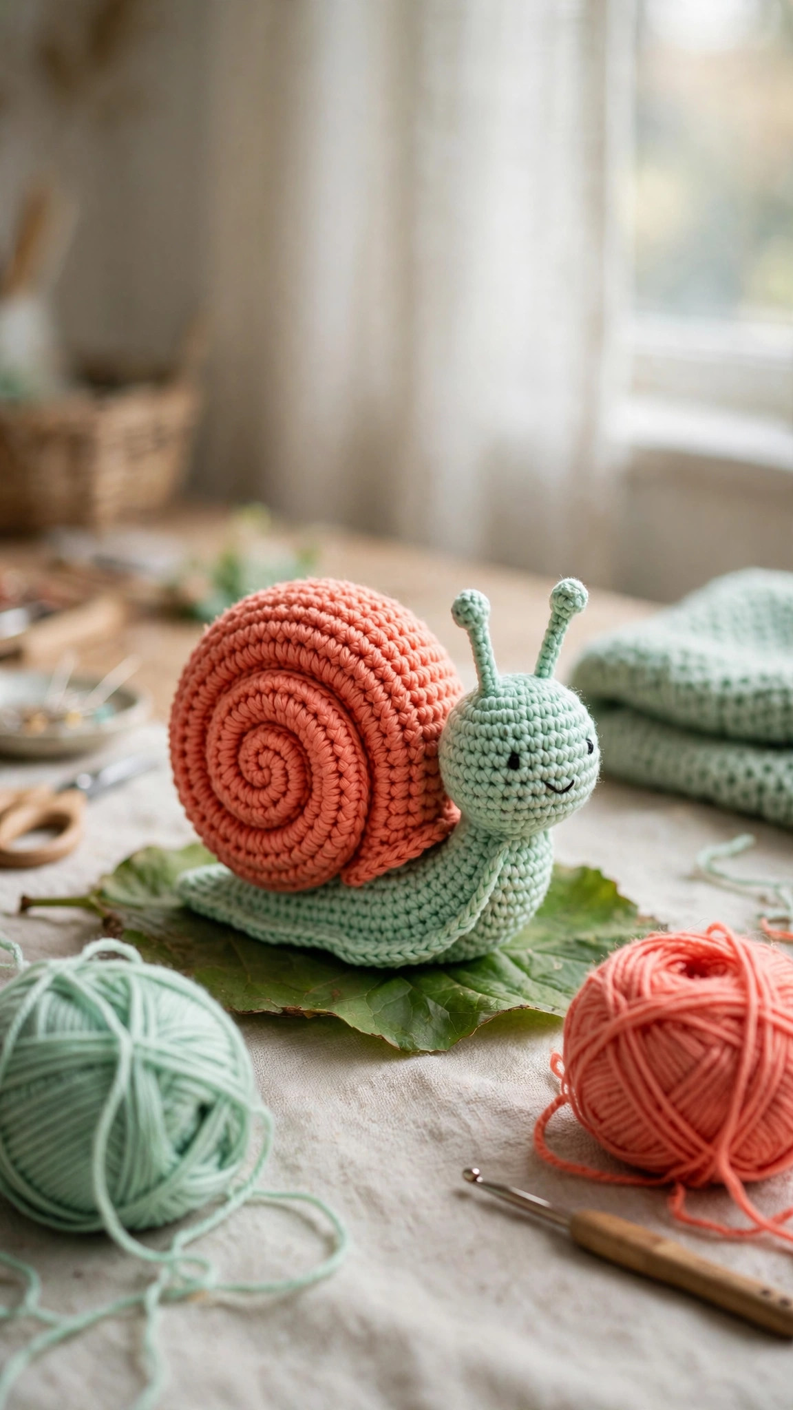 Free snail crochet pattern: a crocheted snail amigurumi with a coral spiral shell and mint green body on a leaf