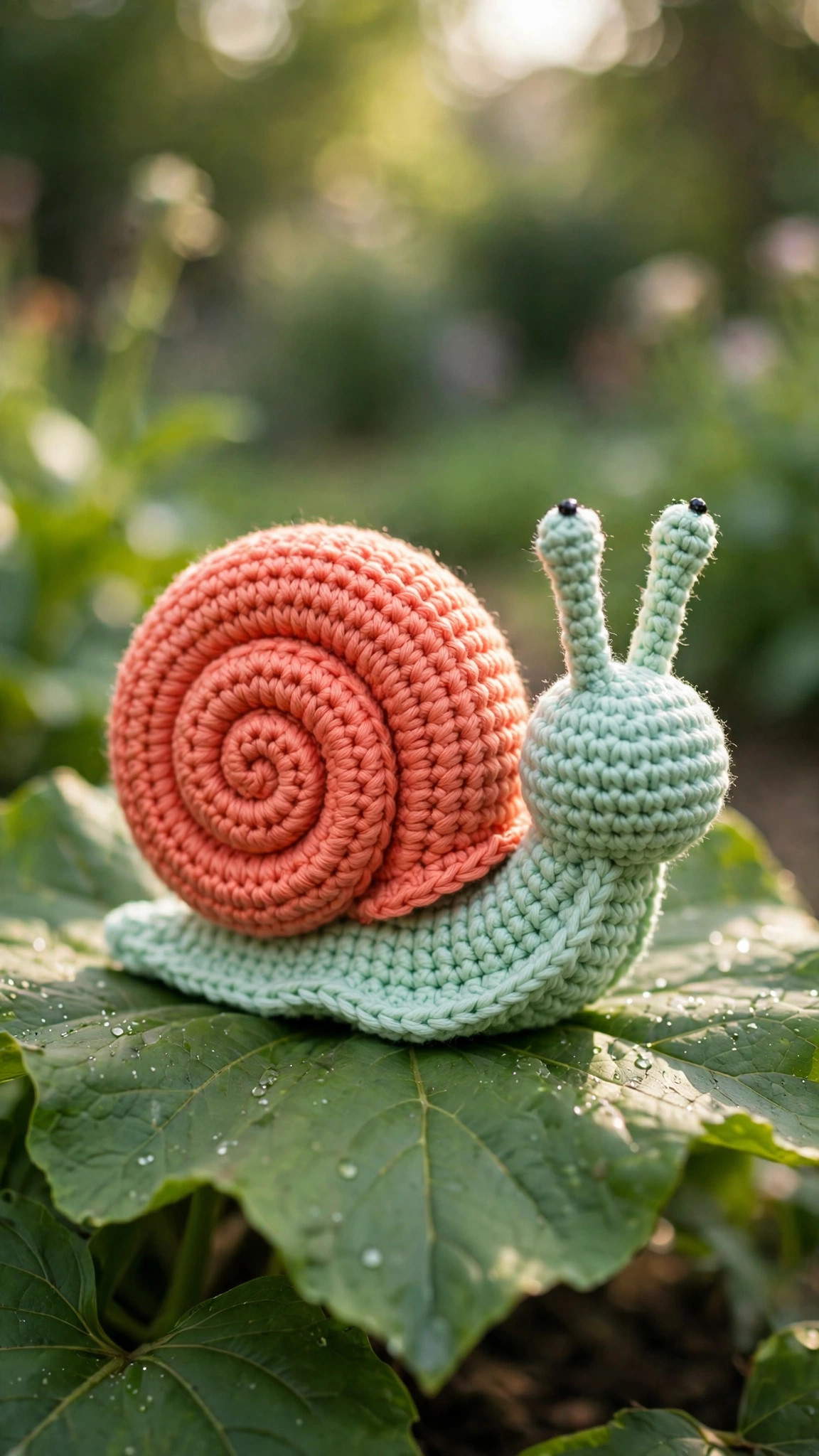 A crocheted snail amigurumi with a coral spiral shell and mint green body, sitting on a green leaf: free snail crochet pattern