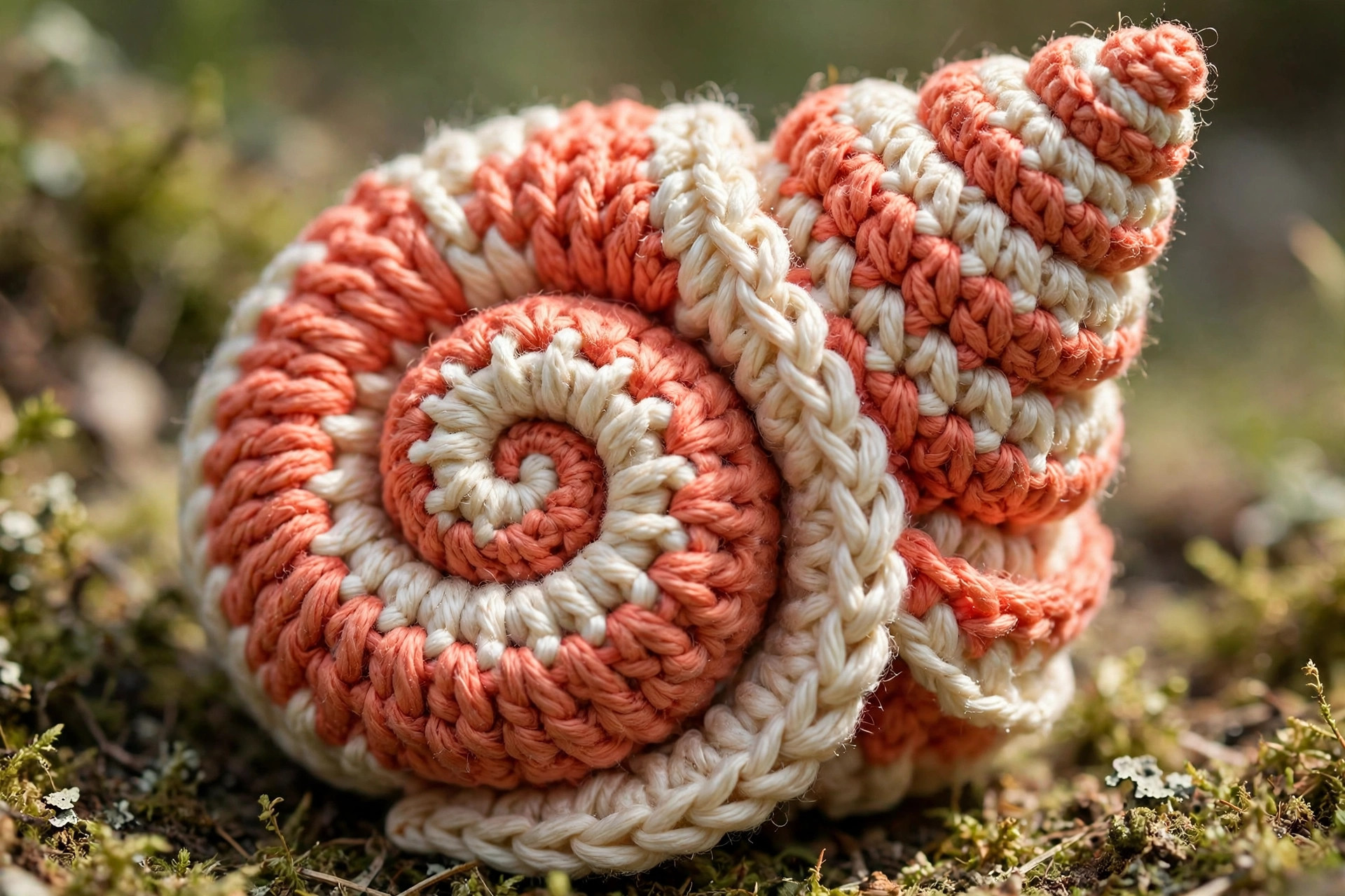 Close-up of a crocheted snail shell showing the coral and cream spiral of surface slip stitches