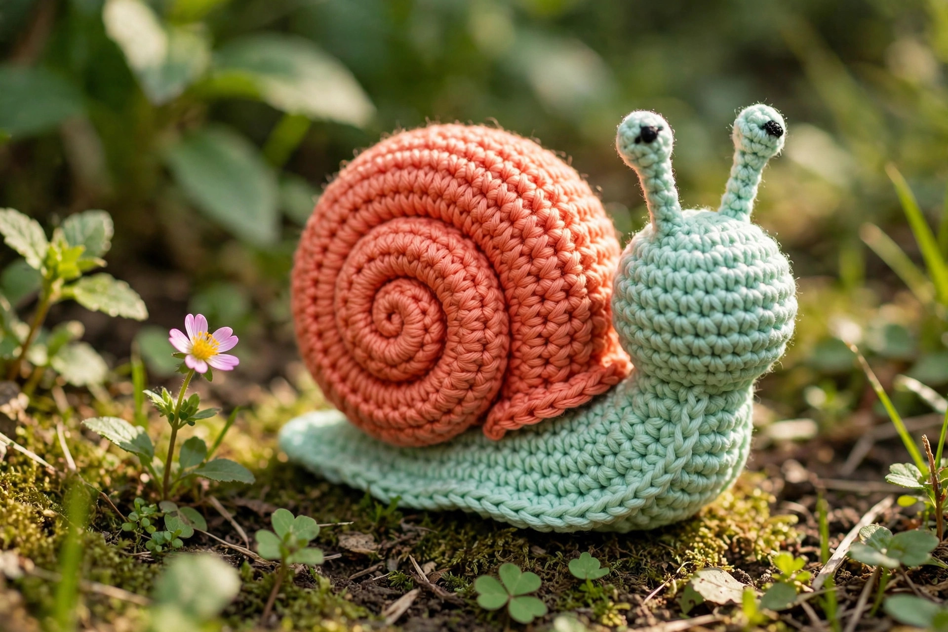 A crocheted snail amigurumi sitting in a garden next to a small flower, with soft sunlight and green leaves