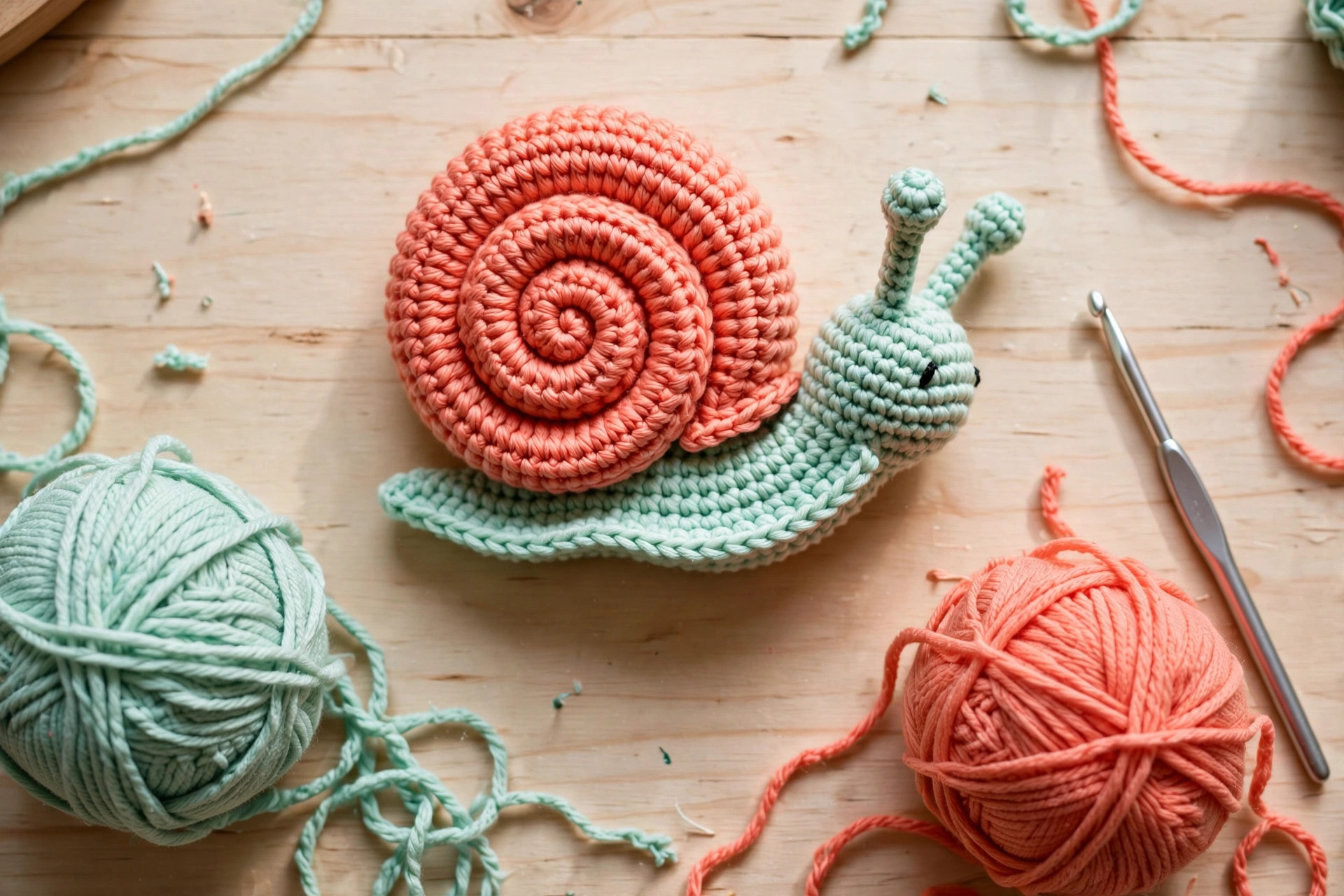 Flat lay of a finished crocheted snail with a coral spiral shell, beside mint green and coral yarn balls and a crochet hook
