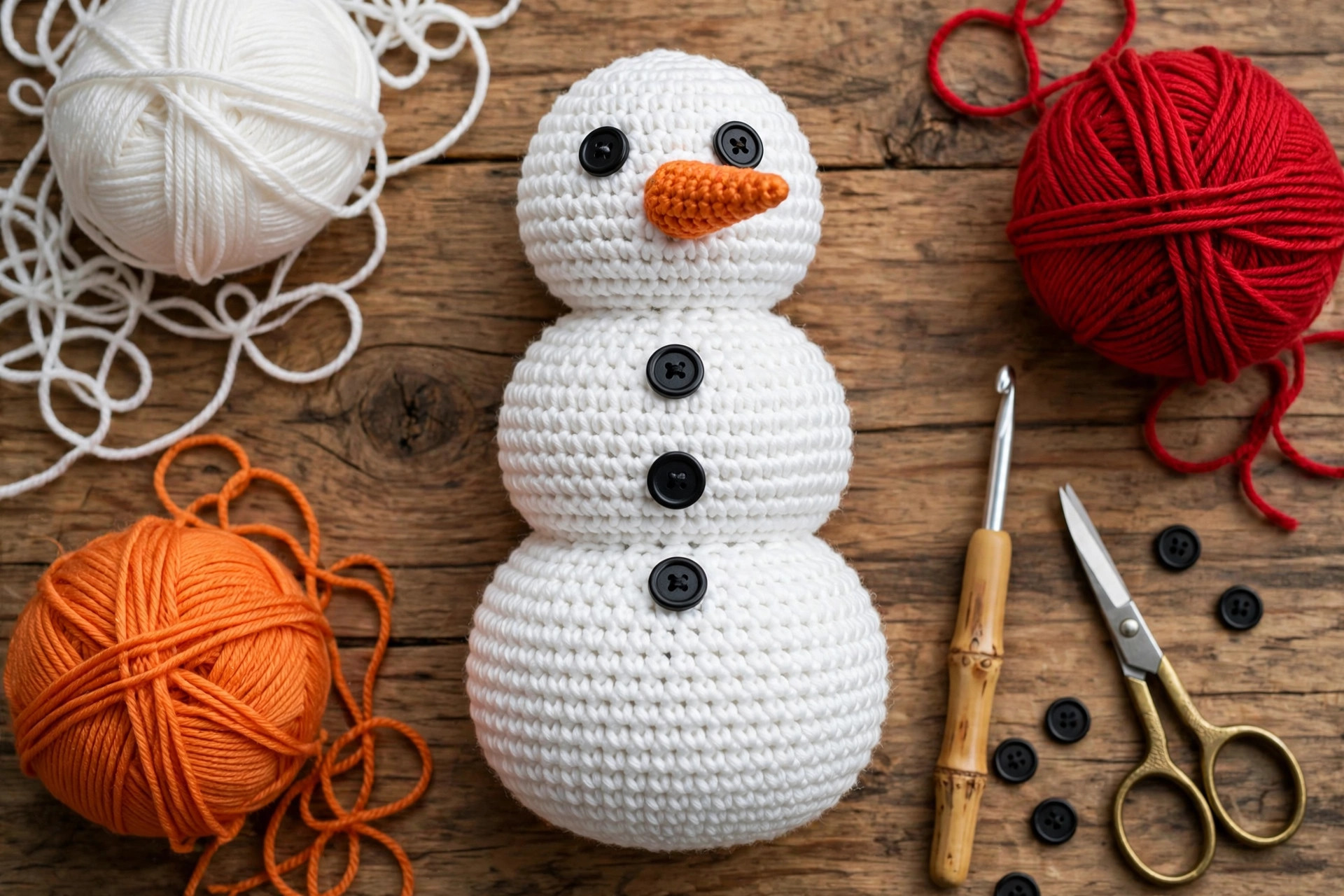 Overhead flat lay of a finished white crochet snowman with balls of white, orange and red yarn, a crochet hook, black buttons and scissors on a wooden table