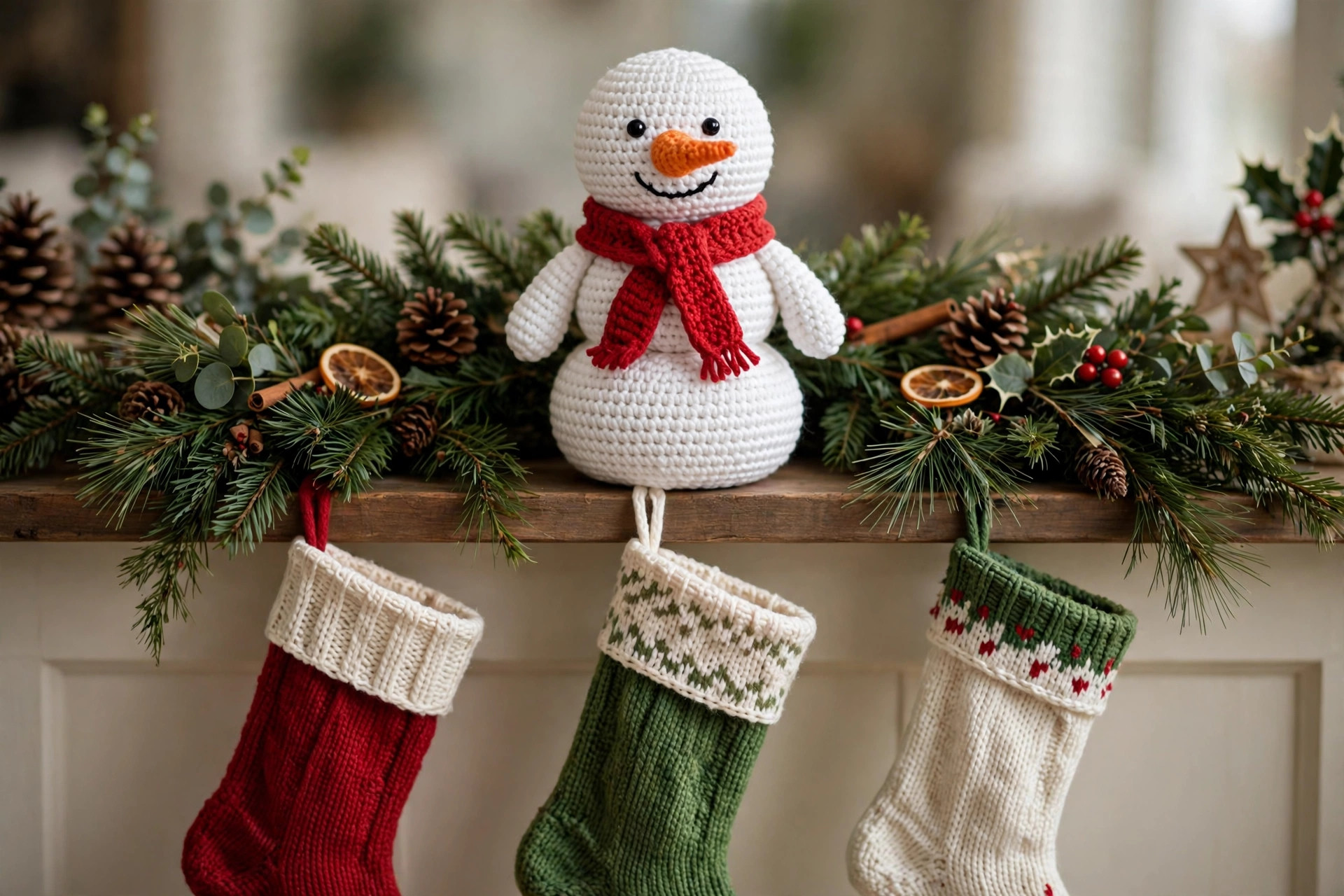 White crochet snowman with a red scarf styled on a decorated mantel with green garland and Christmas stockings