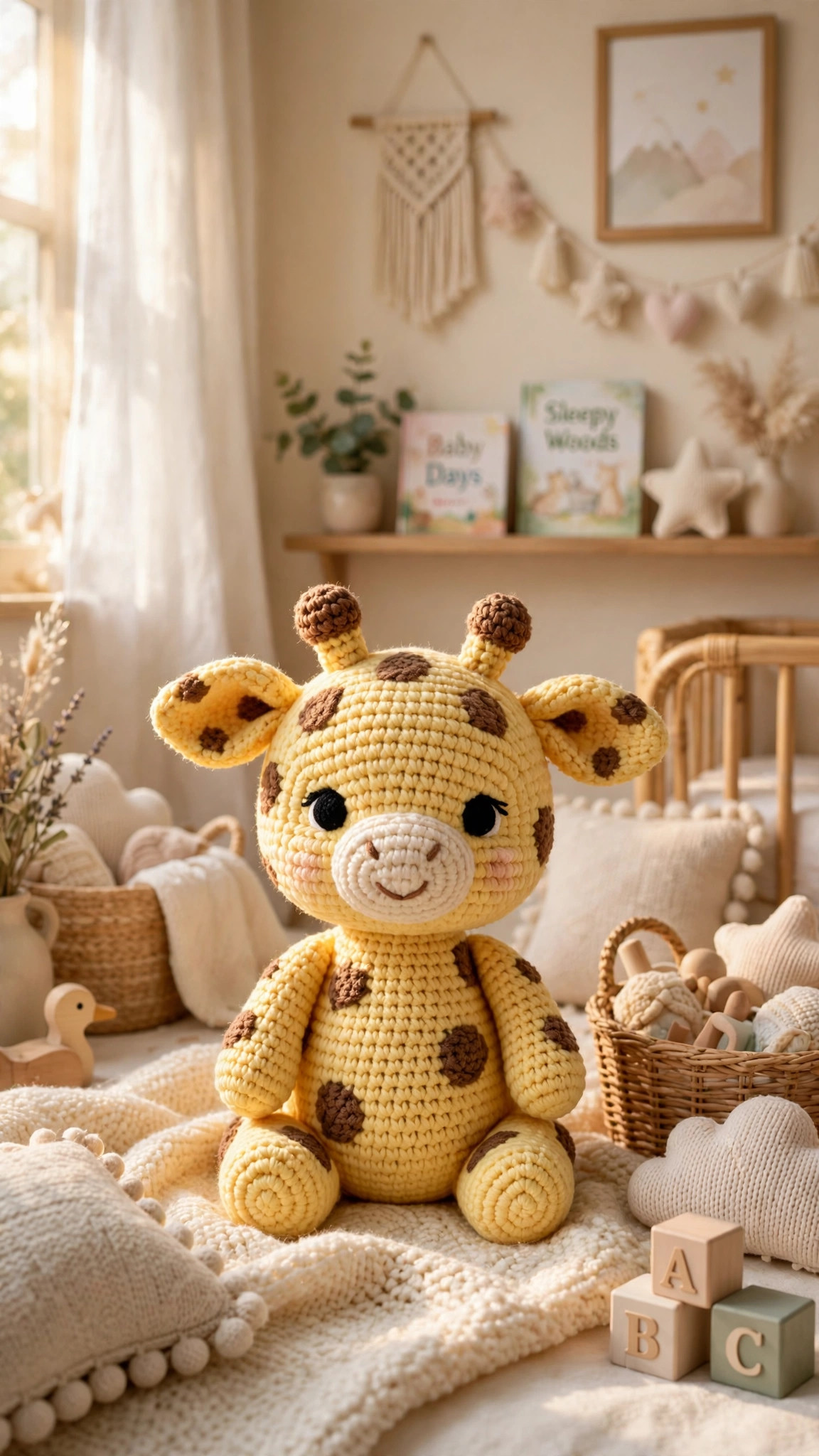 Giraffe crochet free pattern, handmade crocheted giraffe calf in yellow yarn with brown spots in a cute nursery