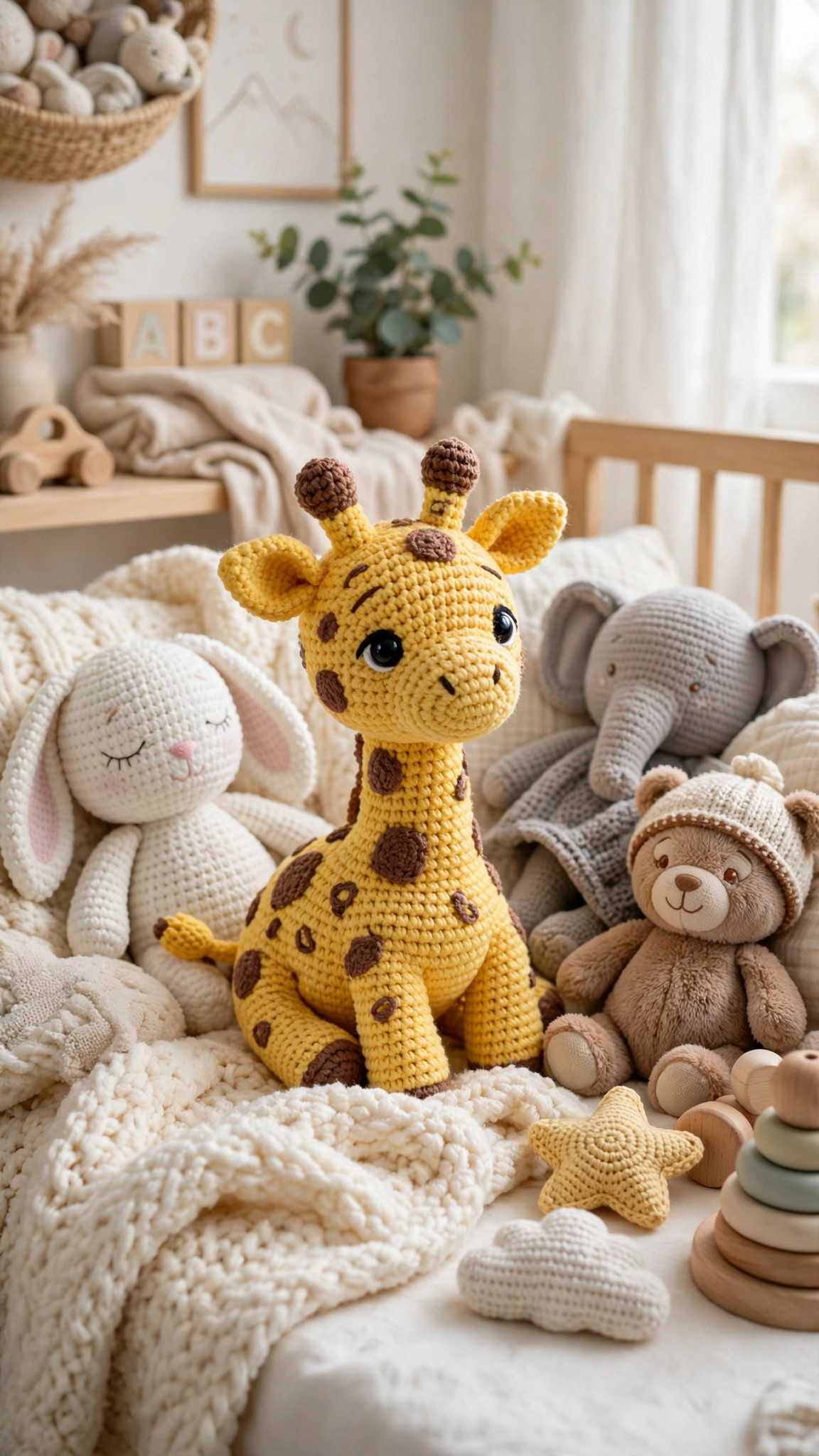 Handmade crocheted giraffe calf amigurumi in yellow yarn with brown spots sitting on a soft cream baby blanket among plush soft toys, giraffe crochet free pattern