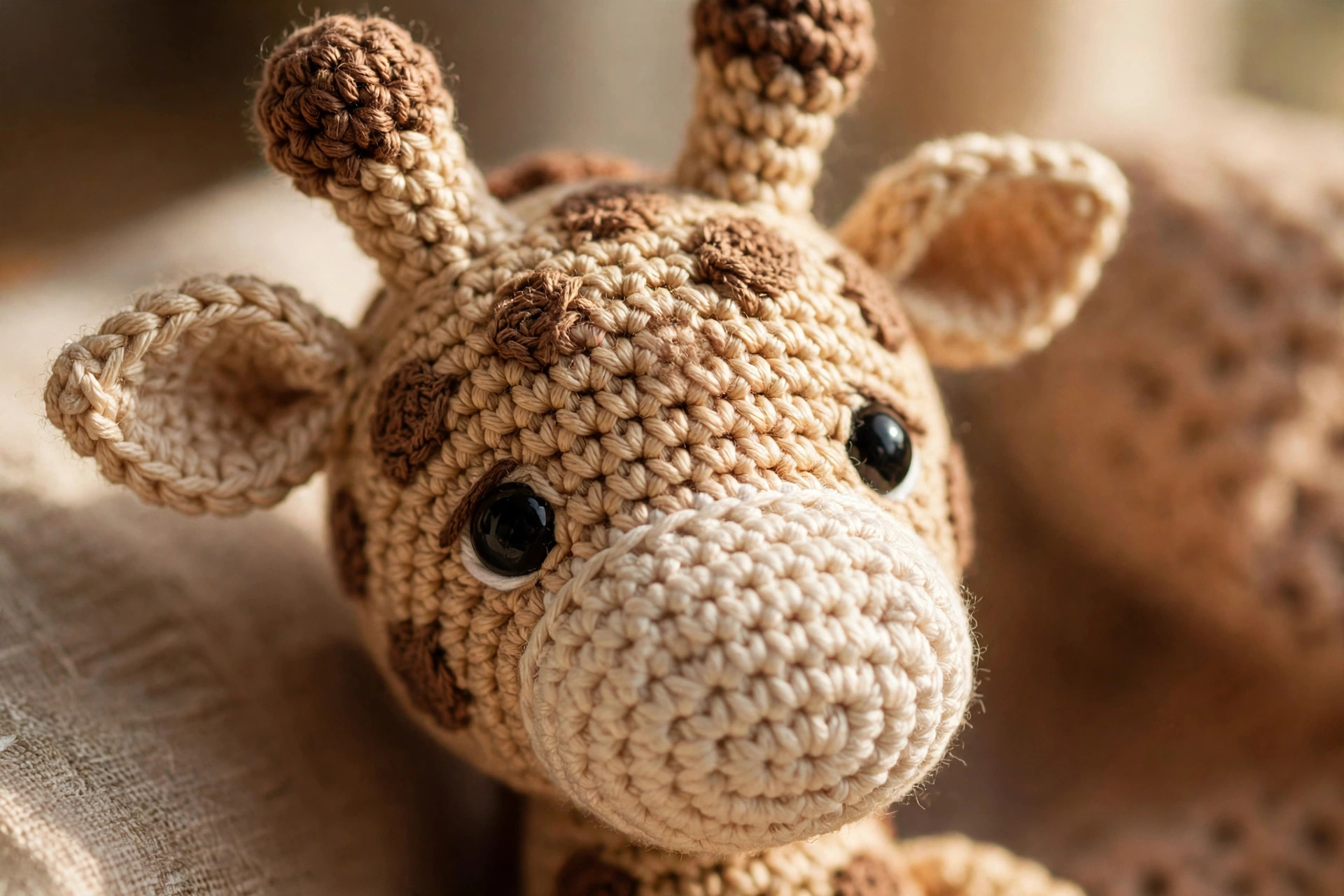 Close-up detail of a handmade crocheted giraffe calf face showing brown crocheted spots, ossicones, ears, cream muzzle and safety eyes, giraffe crochet free pattern