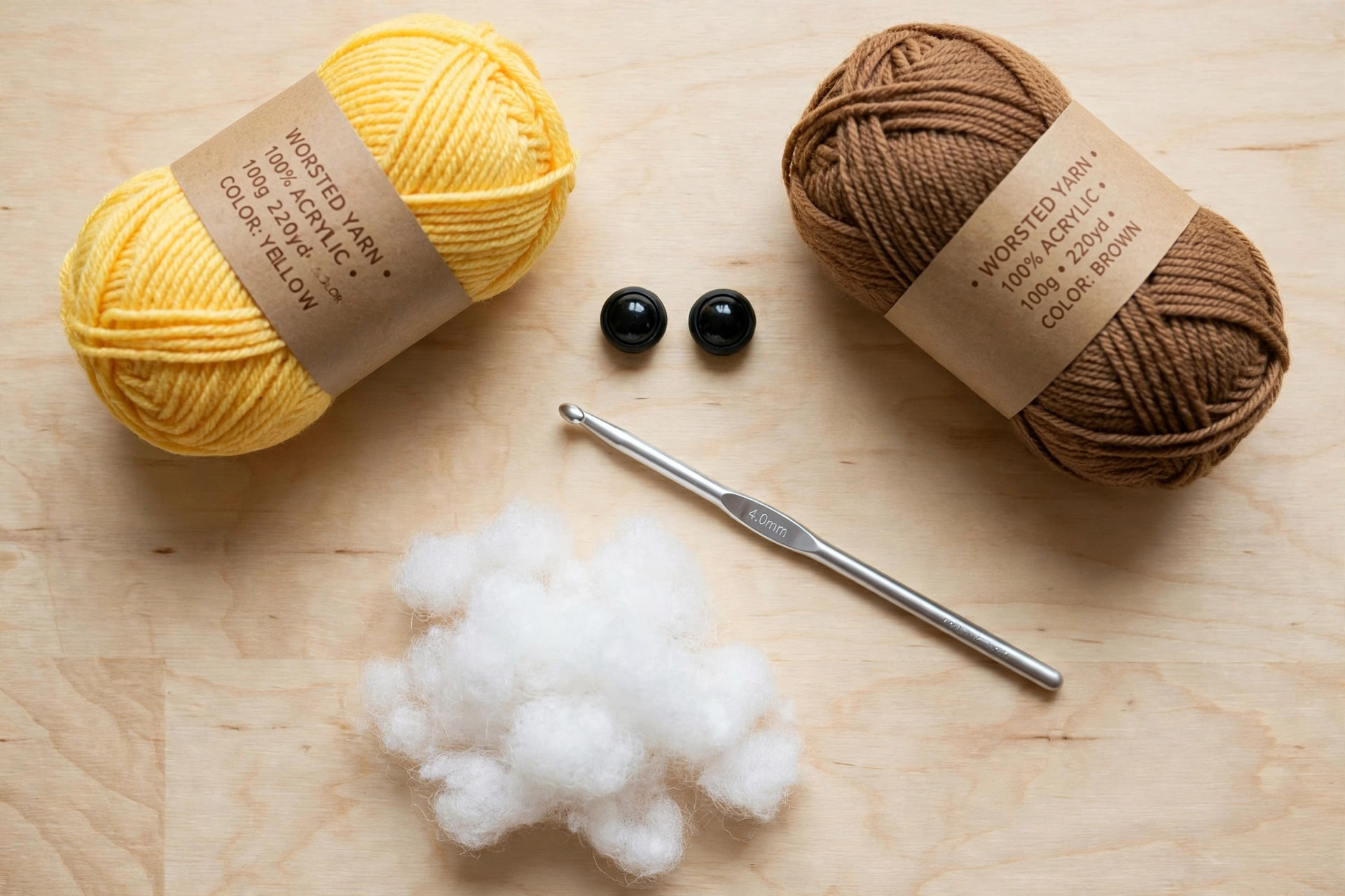 Flat lay of yellow and brown yarn balls, black safety eyes, a crochet hook and white stuffing on a wooden table, giraffe crochet free pattern materials