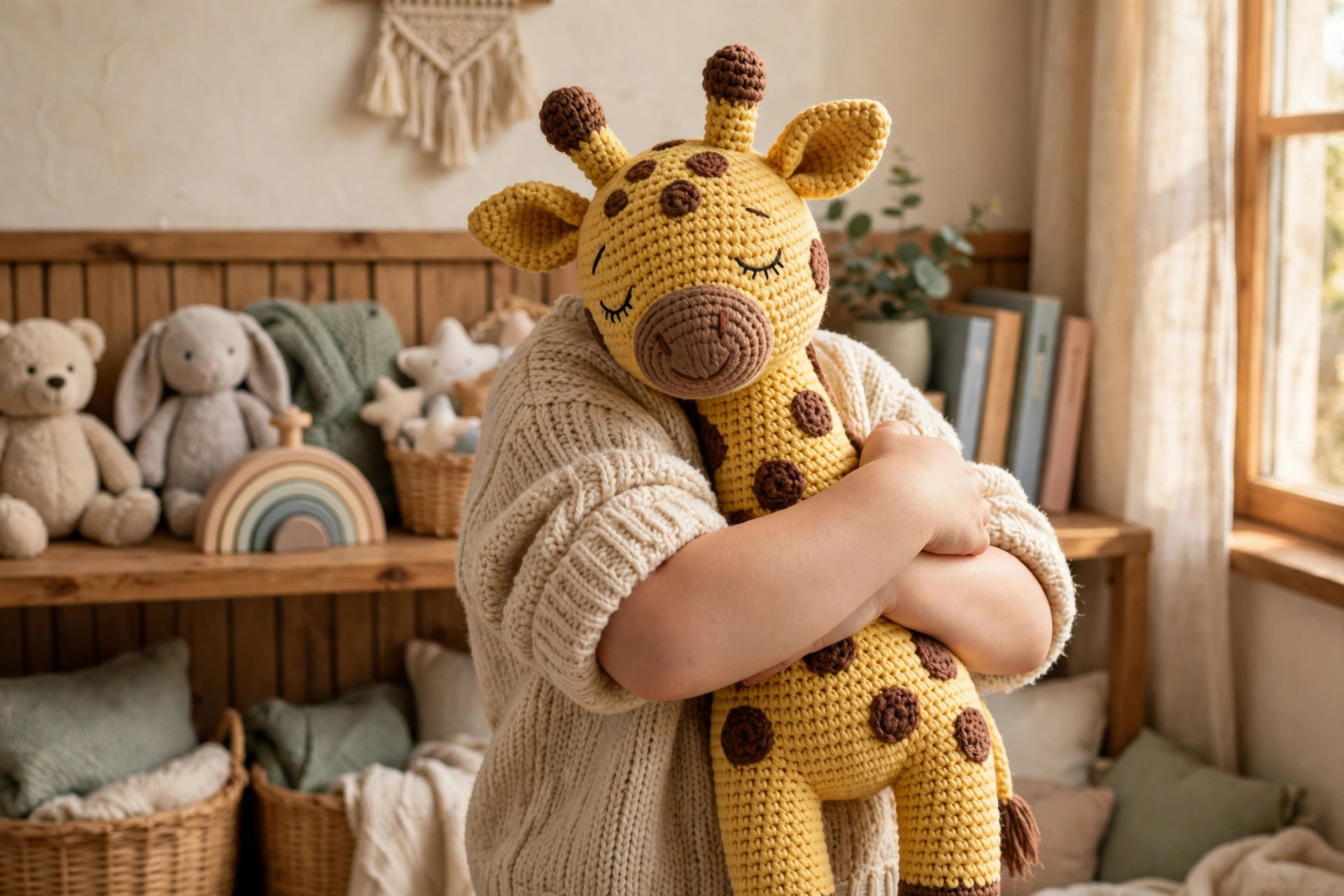 Handmade crocheted giraffe calf amigurumi held in a child's arms in a cozy nursery with soft toys on a shelf, giraffe crochet free pattern