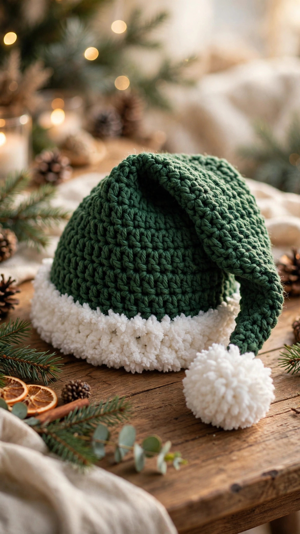 Grinch hat crochet pattern free — original green Santa hat with long droopy tip, fluffy white brim and pompom