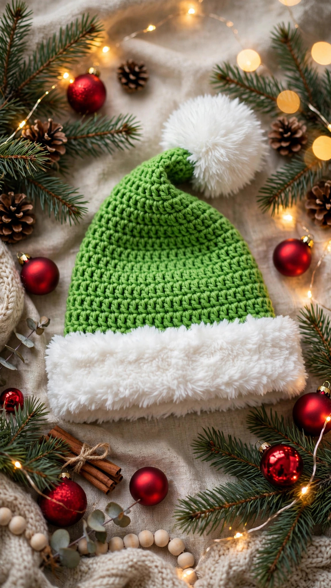 Festive green crochet Christmas hat with white brim styled with pine branches, ornaments and fairy lights — Pinterest holiday hat