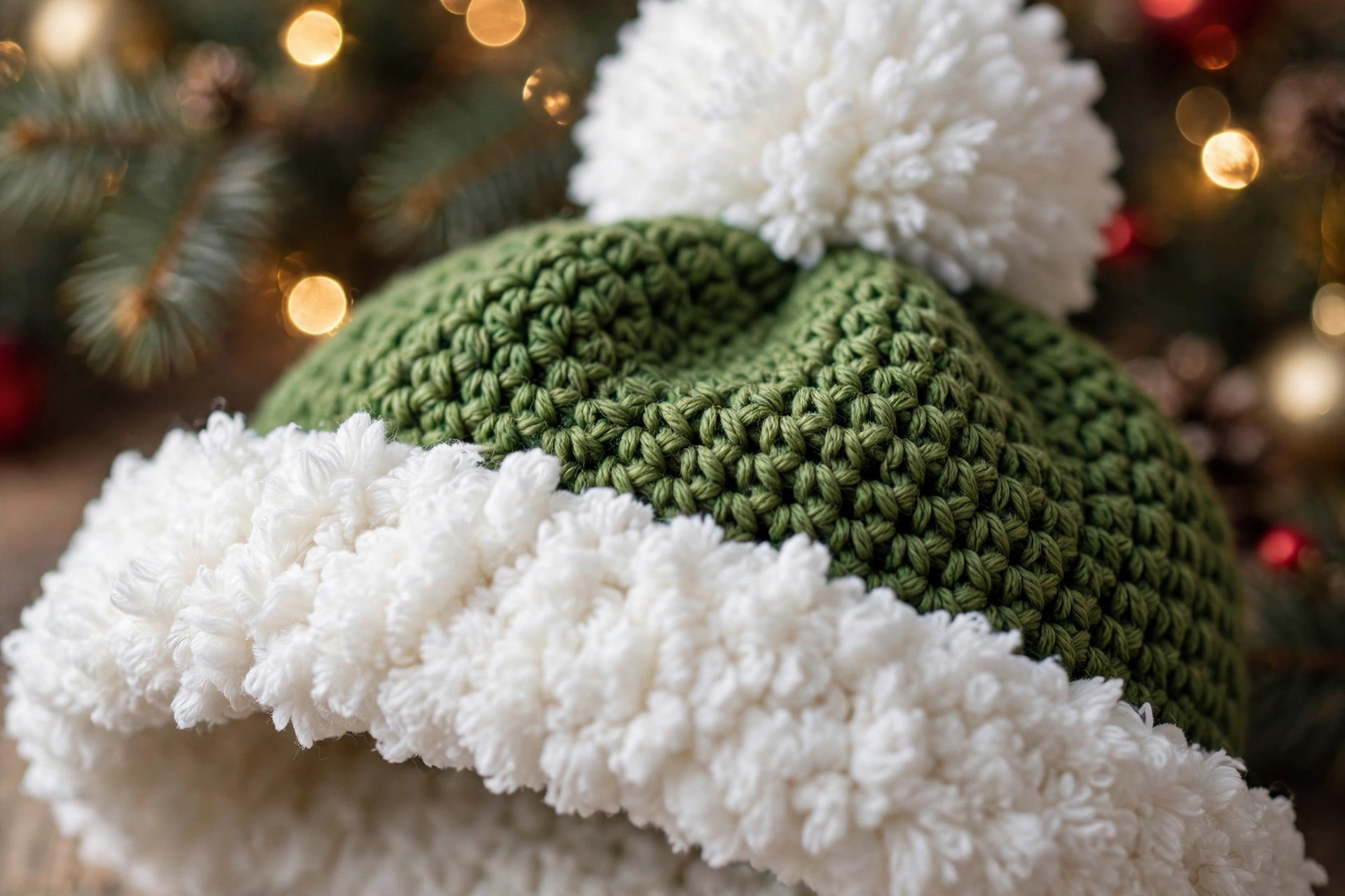 Close-up of thick white crochet brim and soft pompom on a green Christmas hat showing stitch texture