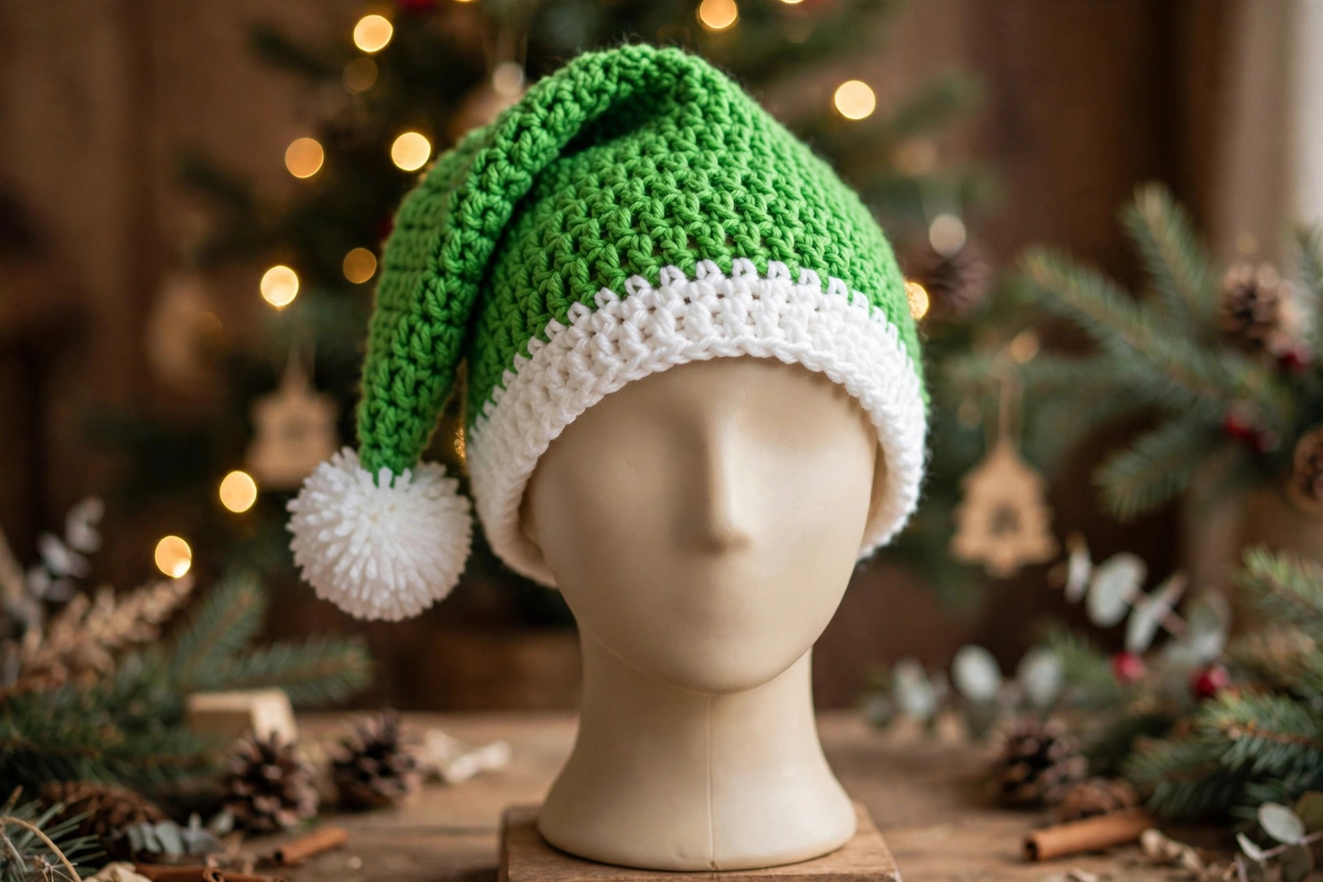 Green crochet Santa hat with white brim and pompom displayed on a mannequin head with festive Christmas styling