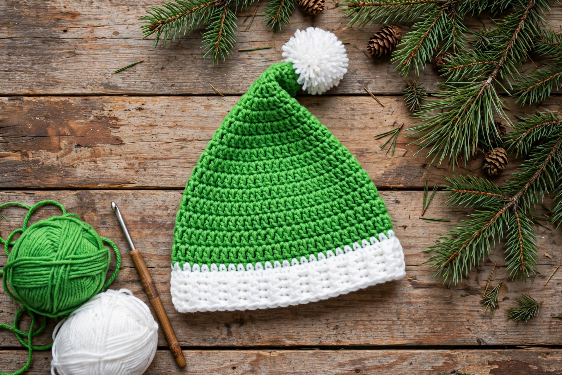 Flat lay of green crochet Christmas hat with green and white yarn balls and crochet hook on a wooden surface