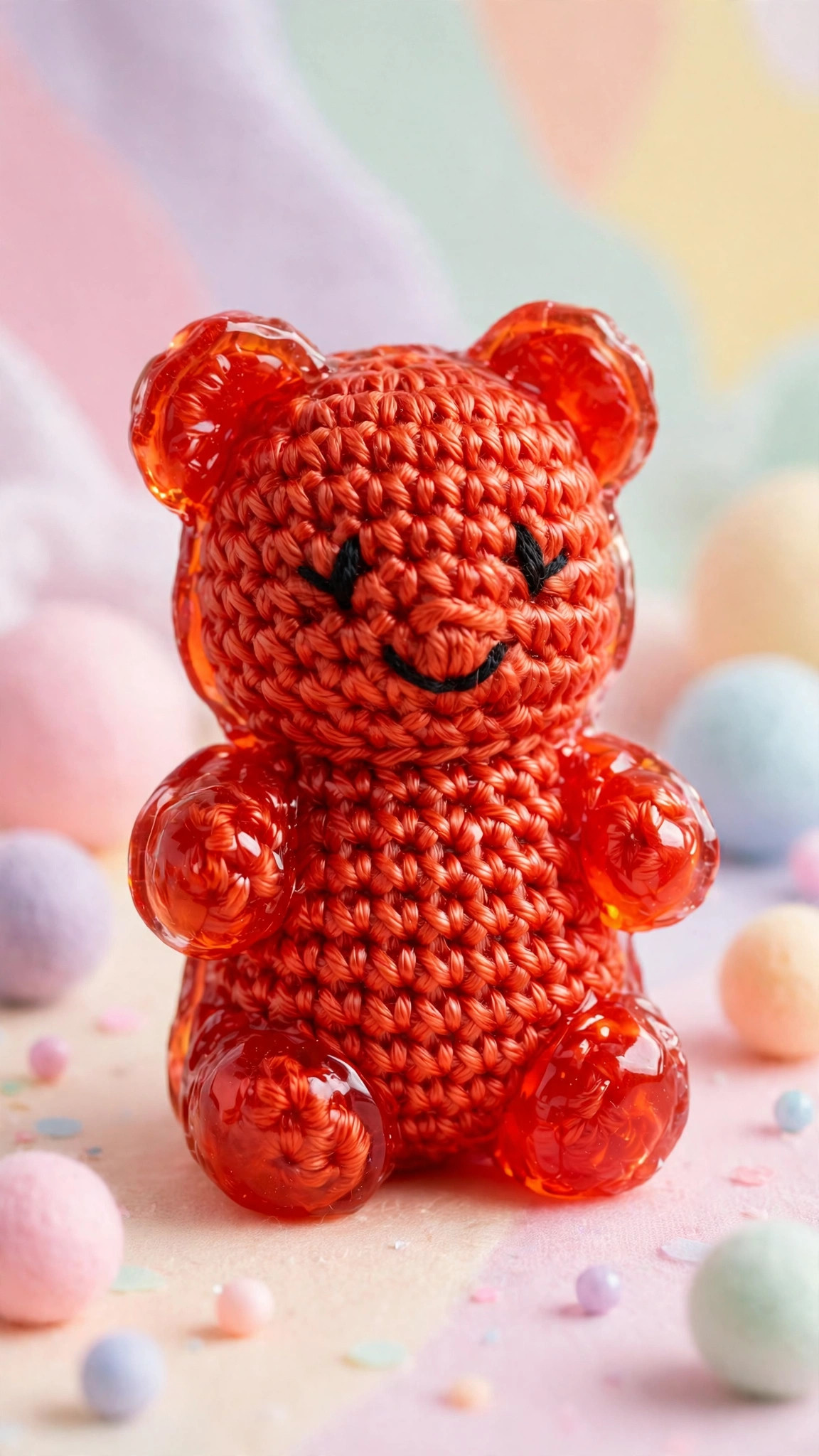 Gummy bear crochet pattern: handmade crocheted gummy bear amigurumi in glossy red-orange yarn with a candy glow