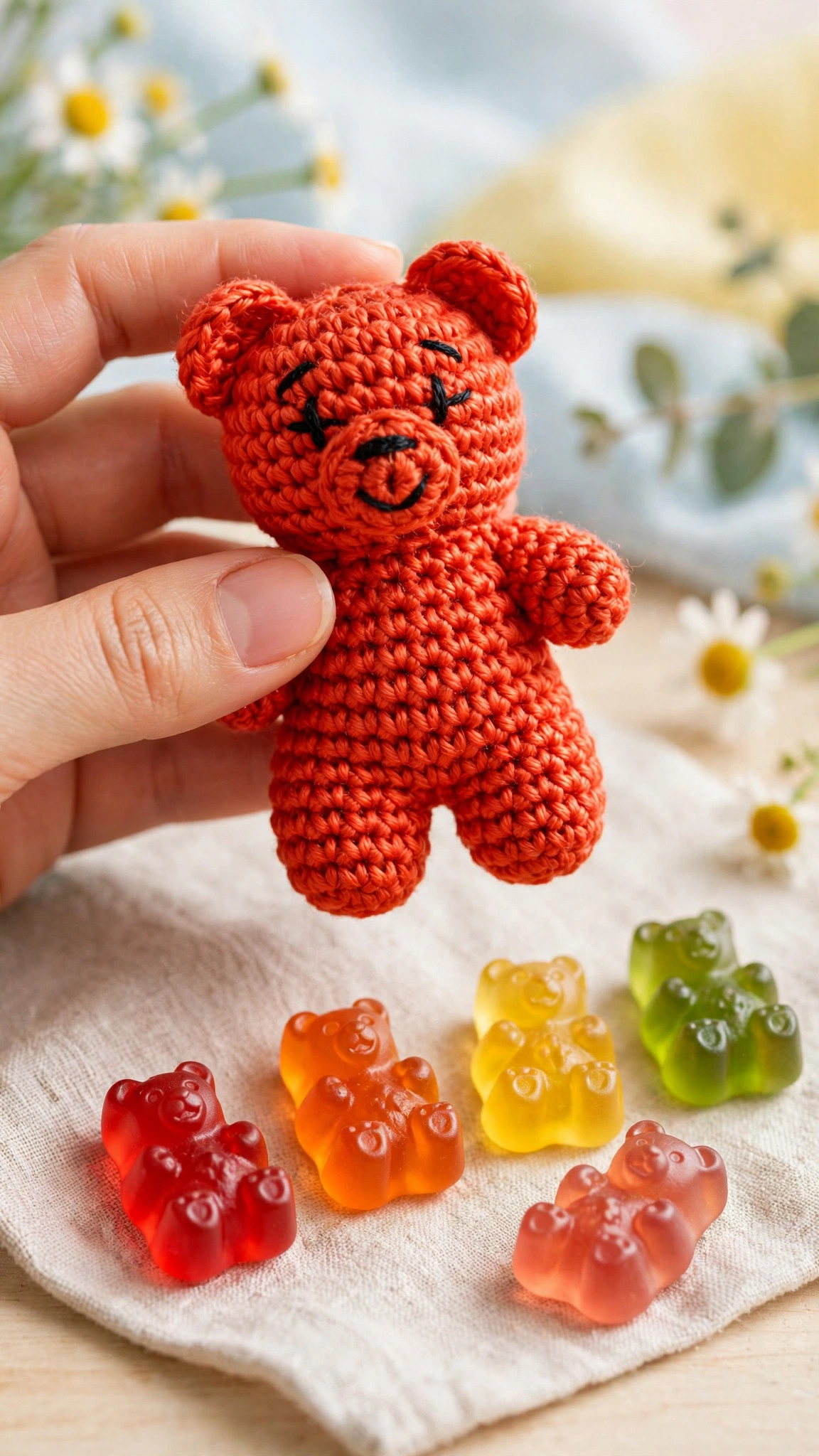 A handmade crocheted gummy bear amigurumi in glossy red-orange yarn held in a hand next to real gummy candy bears for scale, gummy bear crochet pattern