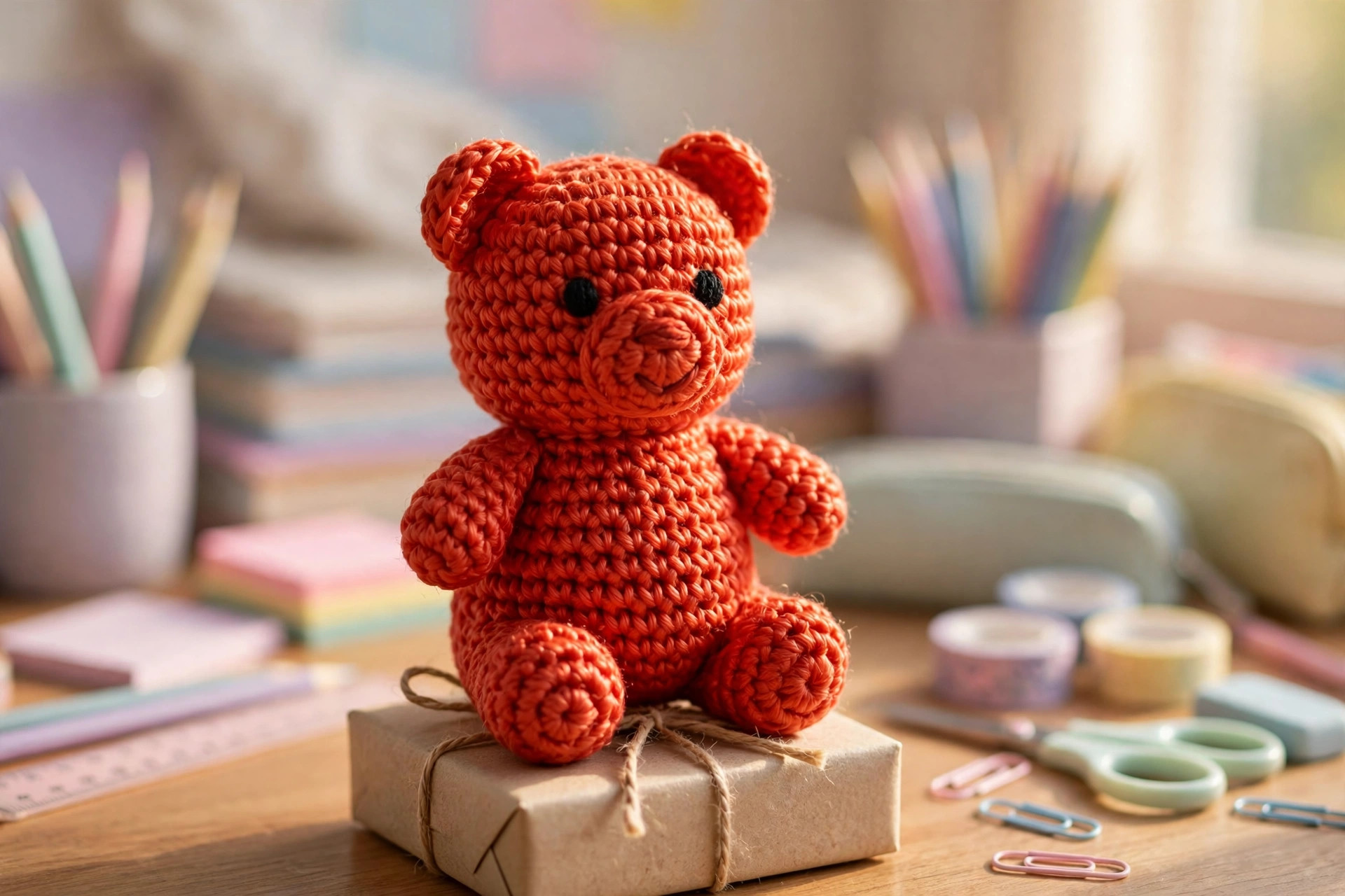 A finished handmade crocheted gummy bear amigurumi sitting on a gift box on a kid's desk with pastel school supplies, gummy bear crochet pattern