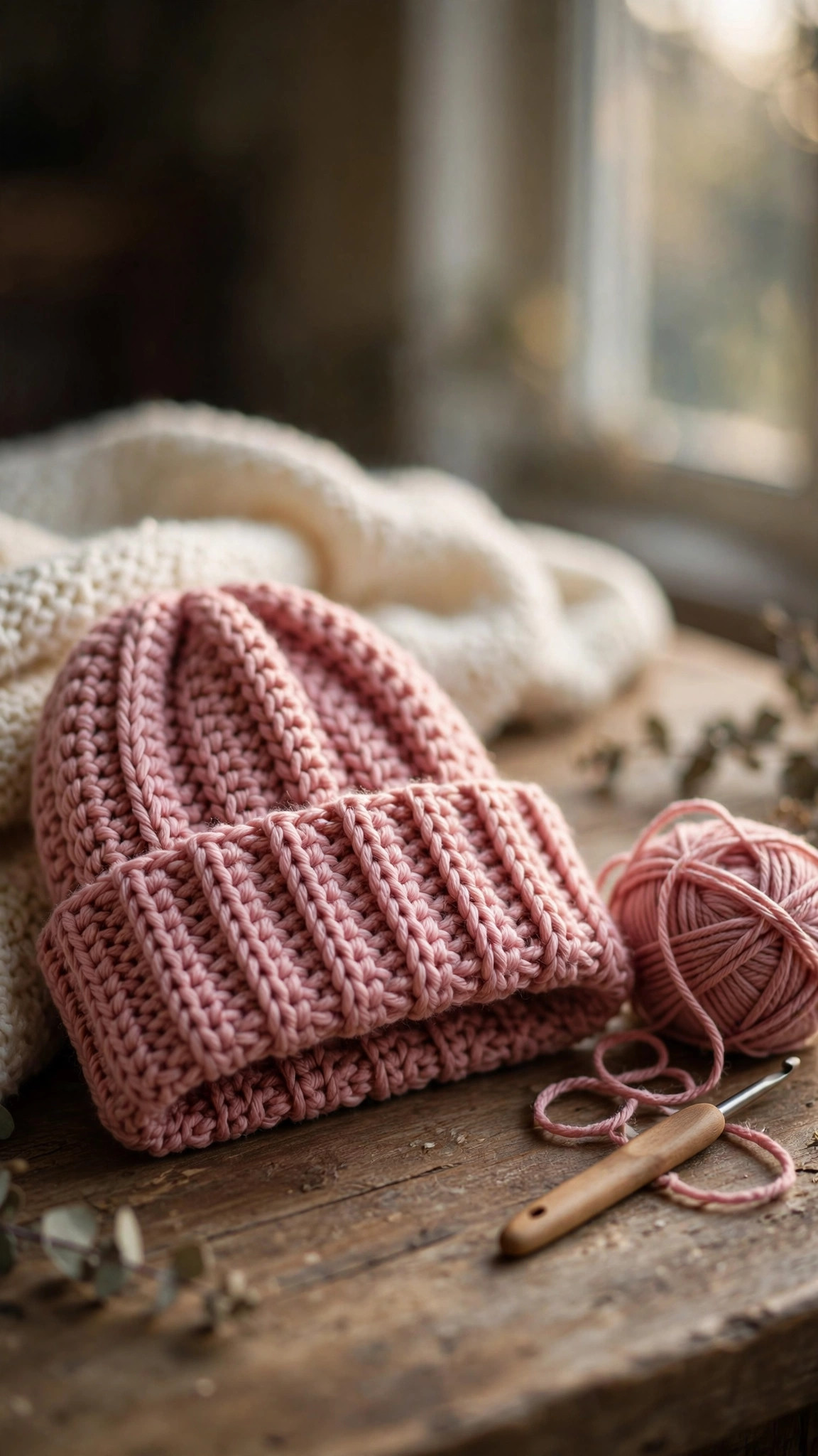Free crochet hat pattern — finished dusty rose crocheted beanie with a thick ribbed fold-up cuff on a wooden table with yarn and a hook