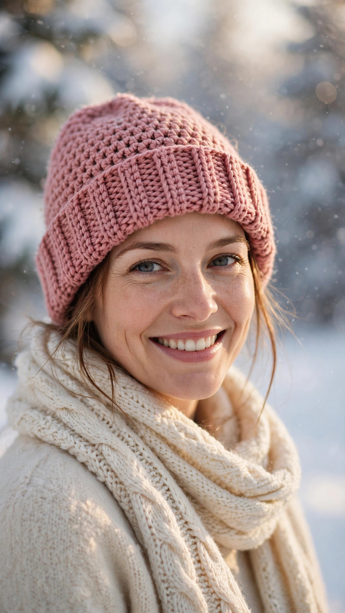 Woman wearing a dusty rose crochet beanie with a ribbed fold-up cuff in the snow — free crochet hat pattern