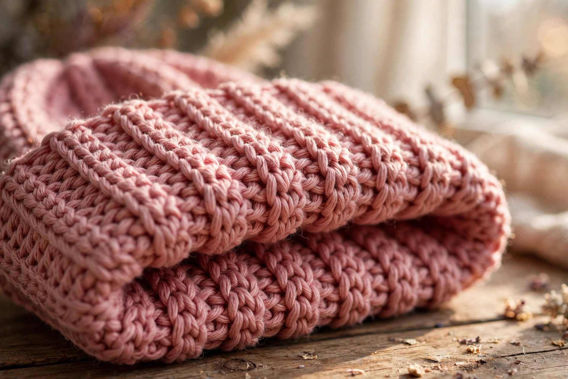 Close-up of the ribbed folded cuff of a dusty rose crochet beanie showing front-post and back-post stitch texture