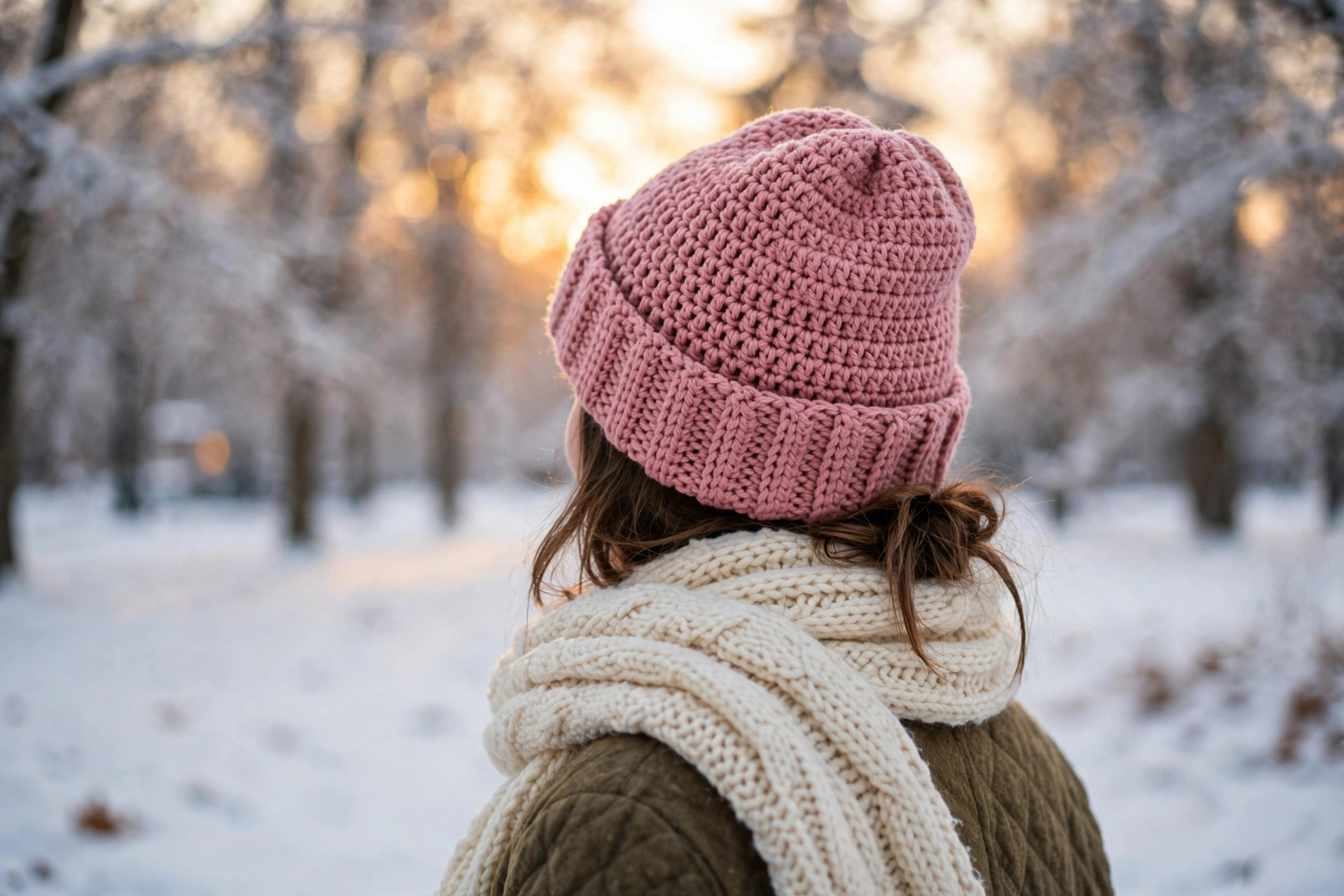 Back view of a woman wearing a dusty rose crochet beanie with a folded ribbed cuff in a snowy park at sunset