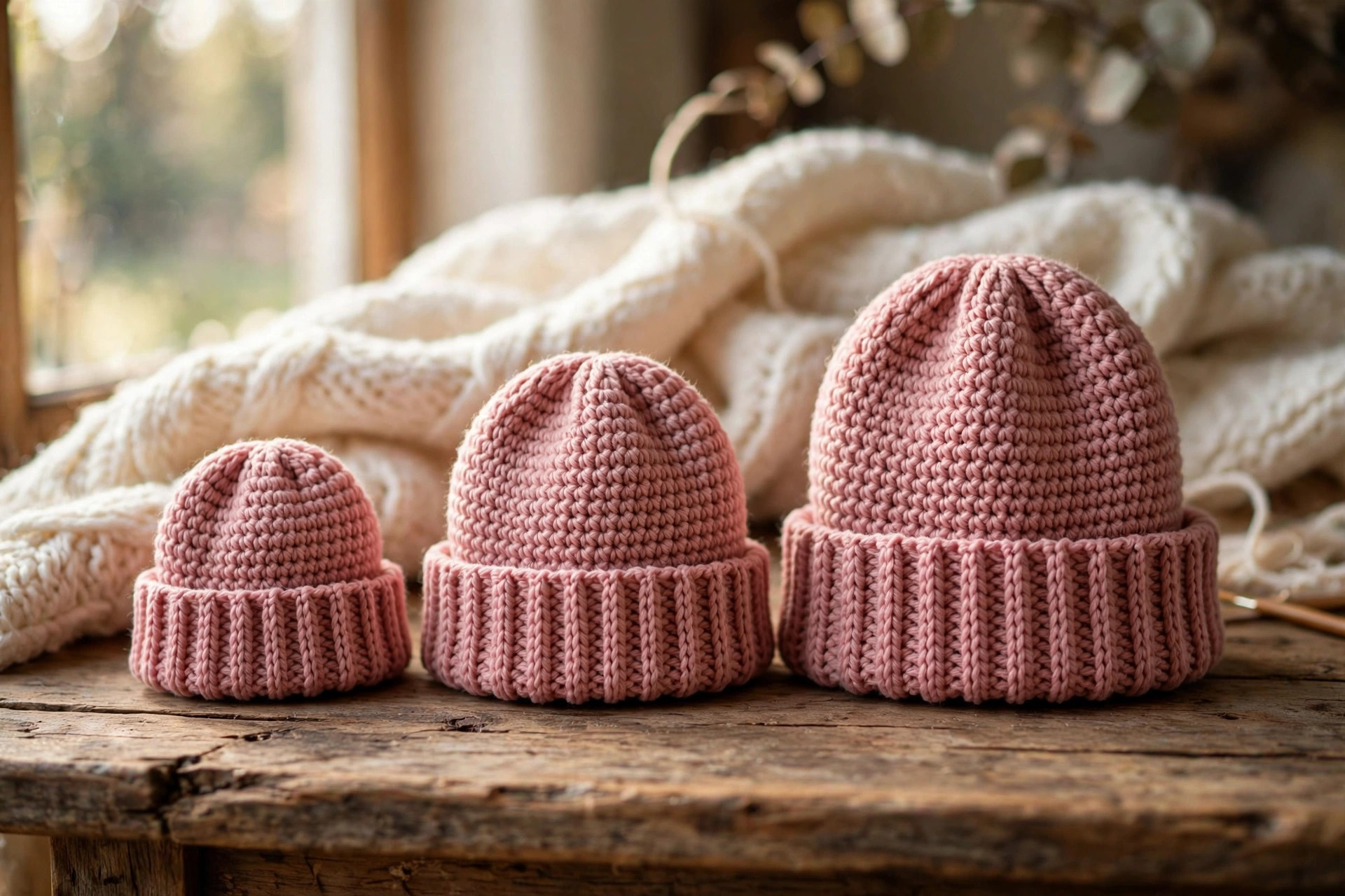 Three dusty rose crochet beanies in baby, child, and adult sizes lined up on a wooden table — free crochet hat pattern