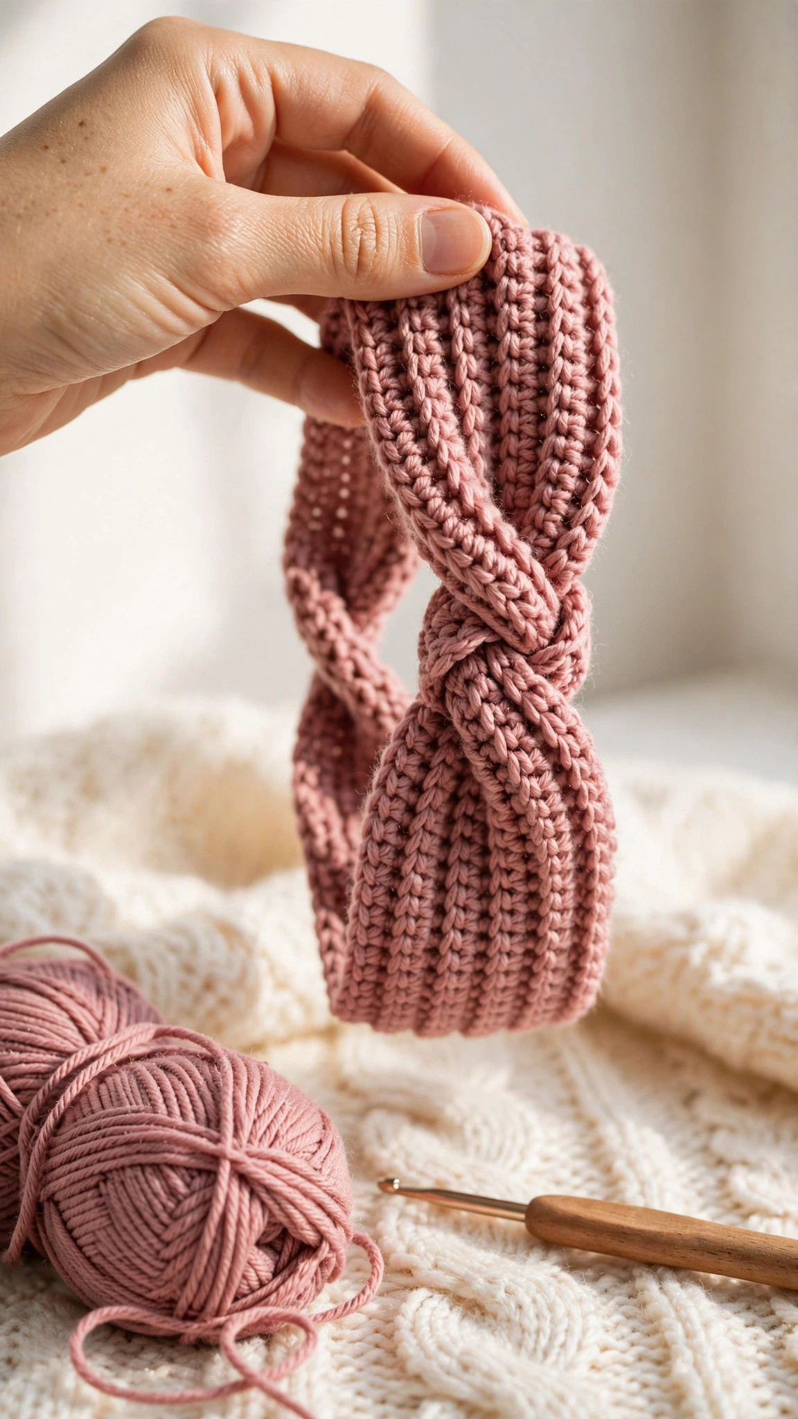 Free crochet headband pattern — dusty rose twisted-rib crochet headband with faux-twist knot held in hand
