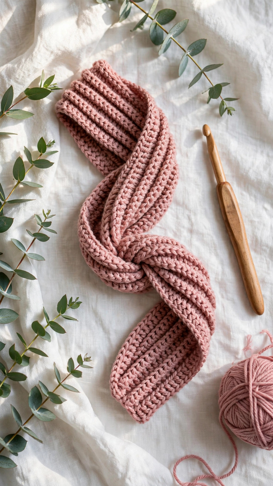 Dusty rose twisted rib crochet headband with faux-twist knot on white linen with eucalyptus — free crochet headband pattern