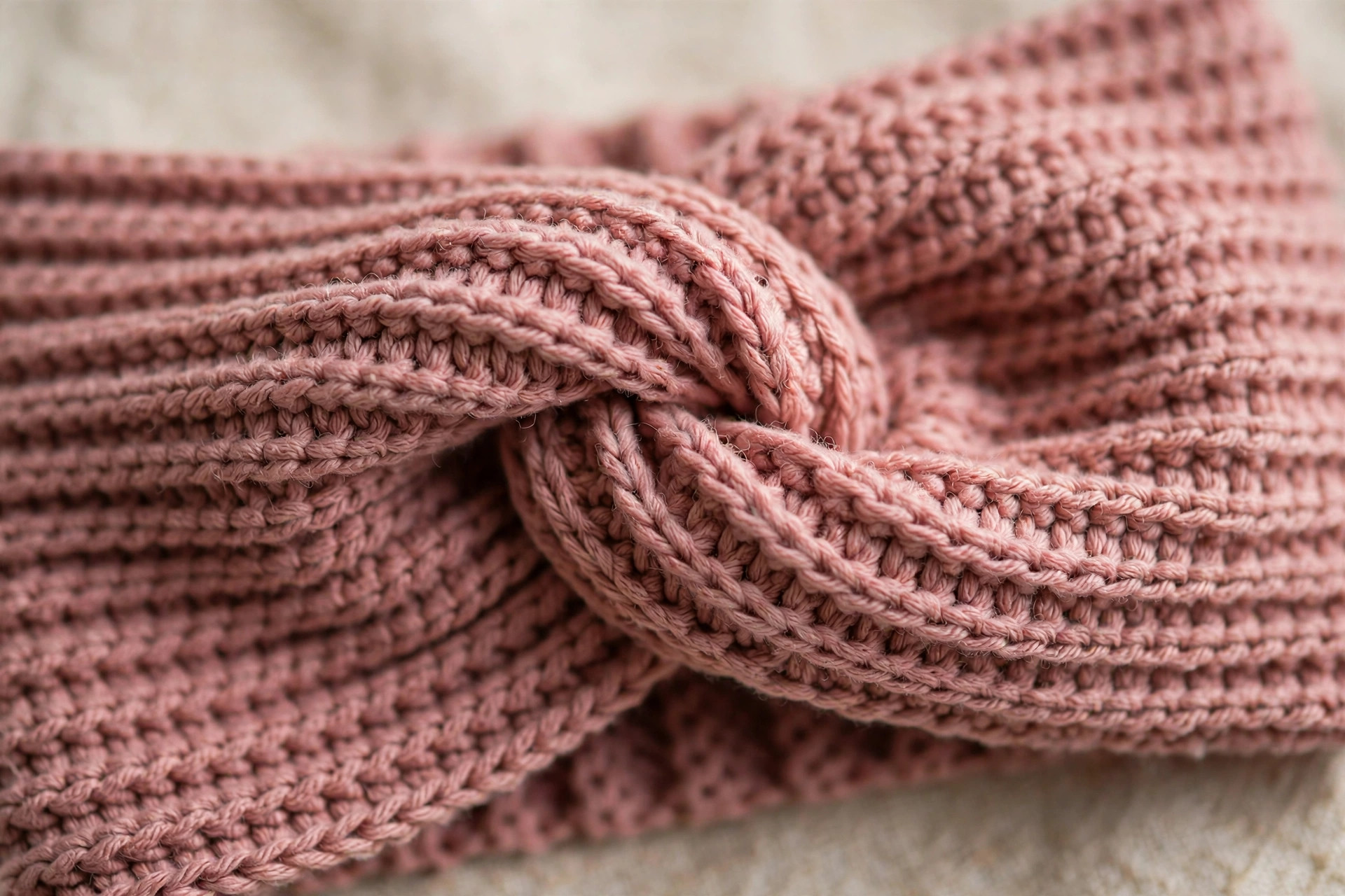 Close-up of the faux-twist knot on a dusty rose ribbed crochet headband showing the interlocked folded layers