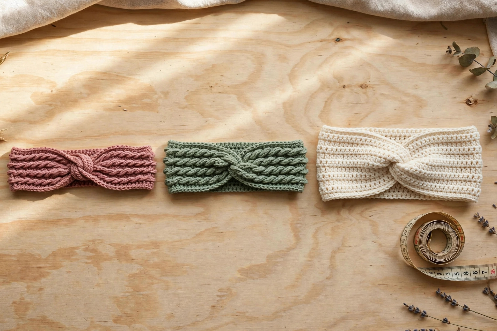 Three twisted rib crochet headbands in narrow, classic and wide widths in dusty rose, sage green and cream with a measuring tape