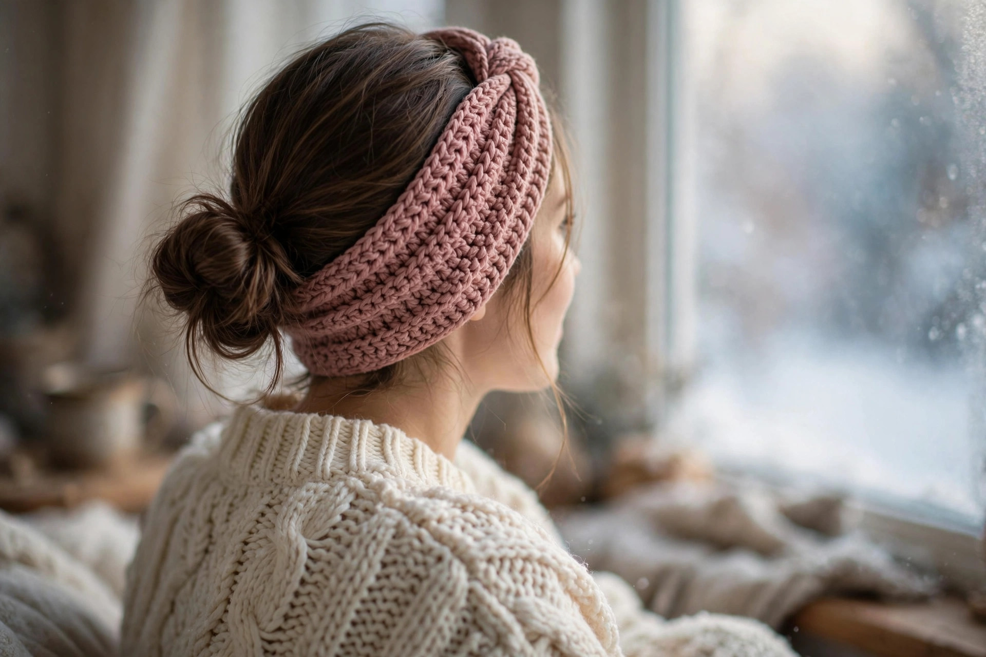 Woman wearing the dusty rose twisted rib crochet headband with a low bun in soft winter light