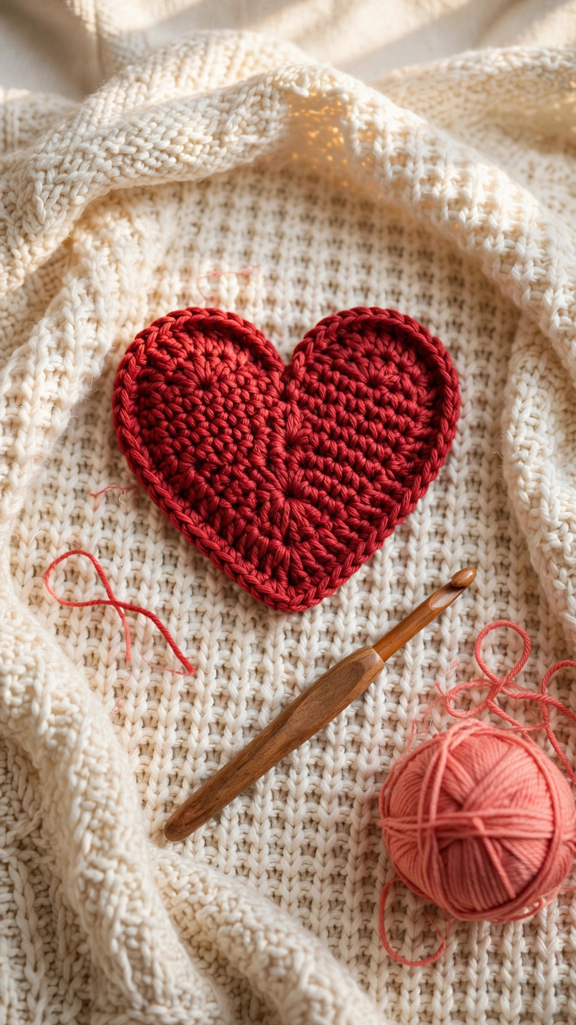 Free crochet heart pattern — red crocheted heart appliqué with wooden crochet hook and coral yarn on a cream knit blanket