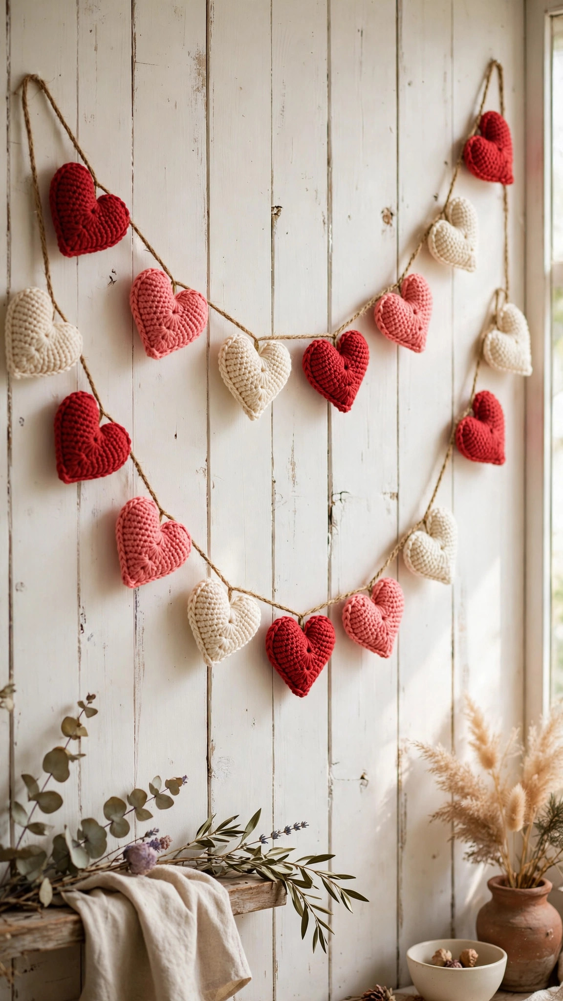 Free crochet heart pattern — handmade red, pink and cream crocheted heart garland bunting hanging on a white wooden wall