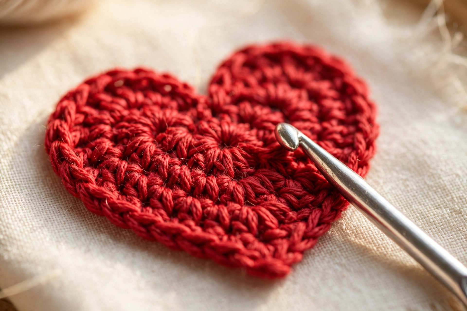Close-up of red crocheted heart appliqué stitches with a silver crochet hook — free crochet heart pattern