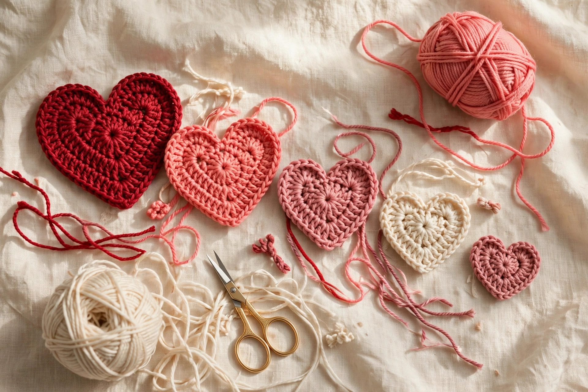 Flat lay of crocheted heart appliqués in red, pink and cream with yarn balls and scissors — free crochet heart pattern